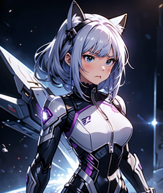 The protagonist of a new special effects drama、Space Sheriff Jasmine、-yeld fee、only one girl, half side bun hair, shortcut hair, silver purple hair, slender, Headgear with cat ear antenna, Wearing a combat suit like Space Sheriff Gavan、Combat suits are protected by titanium、The combat suit is very high-legs and very tight and hugs the body.、The suit is gold with black accents、She is removing her helmet、(medium breasts), (medium hips), (The suit has a feminine shape that makes the most of the curves)、(The shape of the breasts is clearly visible), The waist of the suit is tightly cinched  the private parts.、There is a zipper that runs from the vulva to the anus and can be opened when urinating or defecating.、The titanium protector is thick and divided into three parts: chest, abdomen, and waist.、Inspired by Robocop design、