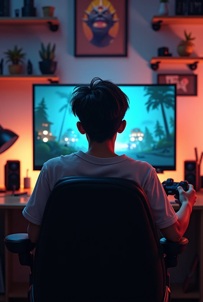A boy playing game in a luxury gaming room .with vibe .and at his background wall therenis written inspire
Make the inspire more visible