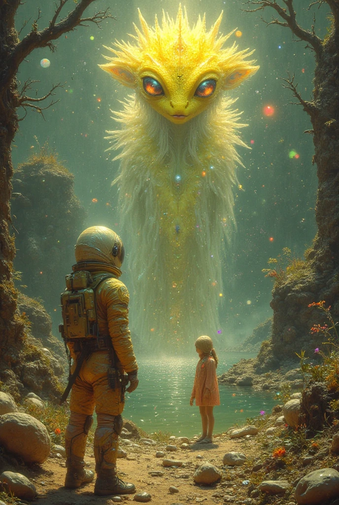 Yellow alien and astronaut on an exotic planet near a lake. expressive eyes. Mark Ryden, Vladimir Fedotko, Larisa Morais, decay, desolation, trippy, hyper-detailed. Intricate Details, Unreal Engine, Gothic Art, Renaissance Painting, Digital Art, Thoughtful, Expansive, Ethereal, Hyper Detailed, Fantasy, Fantasy,Hyperrealism """, Fog, Ultra Detail, Film Photography, Light Leaks, Studio Ghibli, Larry Bad Melman, artstation trends, sharp focus, studio photography, intricate detail, high detail, Greg Rutkowski, watercolor, artstation trends, sharp focus, studio photography , complex details, high level detail, Greg Rutkowski,broken glass effect, no background, stunning, something that doesn't even exist, mythical creature, energy, molecular, textures, iridescent and luminescent scales, breathtaking beauty, pure perfection, divine presence, unforgettable, impressive, breathtaking beauty, volumetric light , auras, rays, reflection of bright colors