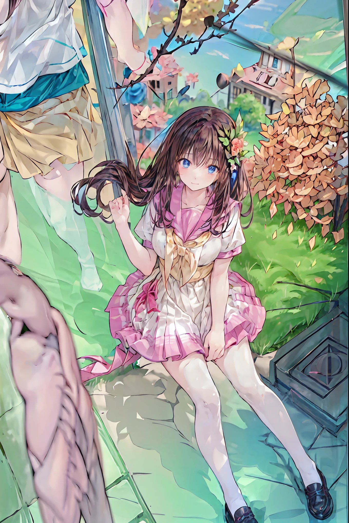 ((masterpiece)), (Anime:1.5), (( top quality)), ( RAW photos:1.2), ( high resolution:1.3), ( professional photoshoot:1.2), (chromatic avalations), one girl, (()), (Serious), ( beautiful brown eyes:1.3), Watch Viewers , Plain Shirt, O-ring, Dishevelle Hair , medium hair, (Stick your hand into your pants ), ((Take off your work pants)), 明るい brown hair, ( small breasts), Cute waist, outdoor, ((Top of the big bell tower)), brown hair, shortcuts, hair is disheveled, short braided hair,Neat, slender beauty ,Dignified posture, small breasts, Beautiful Legs, Her enchanting gray-blue eyes sparkle like stars., bright color, beautiful eyes,A delicate smile, Textured Skin, top qualityのものが最高, gentle and beautiful woman ,Anime風、