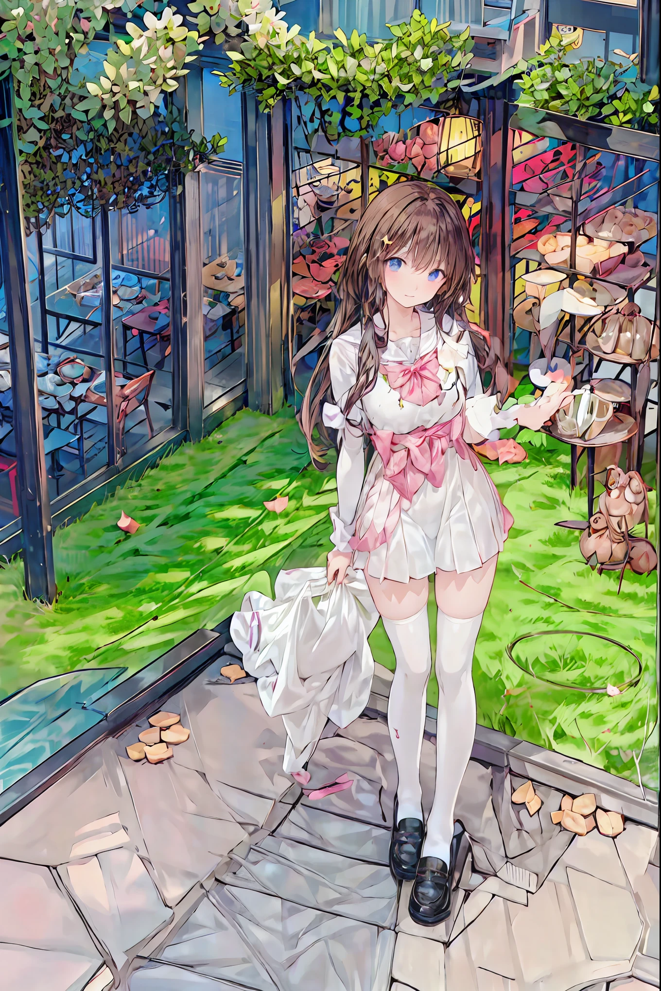 ((masterpiece)), (Anime:1.5), (( top quality)), ( RAW photos:1.2), ( high resolution:1.3), ( professional photoshoot:1.2), (chromatic avalations), one girl, (()), (Serious), ( beautiful brown eyes:1.3), Watch Viewers , Plain Shirt, O-ring, Dishevelle Hair , medium hair, (Stick your hand into your pants ), ((Take off your work pants)), 明るい brown hair, ( small breasts), Cute waist, outdoor, ((Top of the big bell tower)), brown hair, shortcuts, hair is disheveled, short braided hair,Neat, slender beauty ,Dignified posture, small breasts, Beautiful Legs, Her enchanting gray-blue eyes sparkle like stars., bright color, beautiful eyes,A delicate smile, Textured Skin, top qualityのものが最高, gentle and beautiful woman ,Anime風、