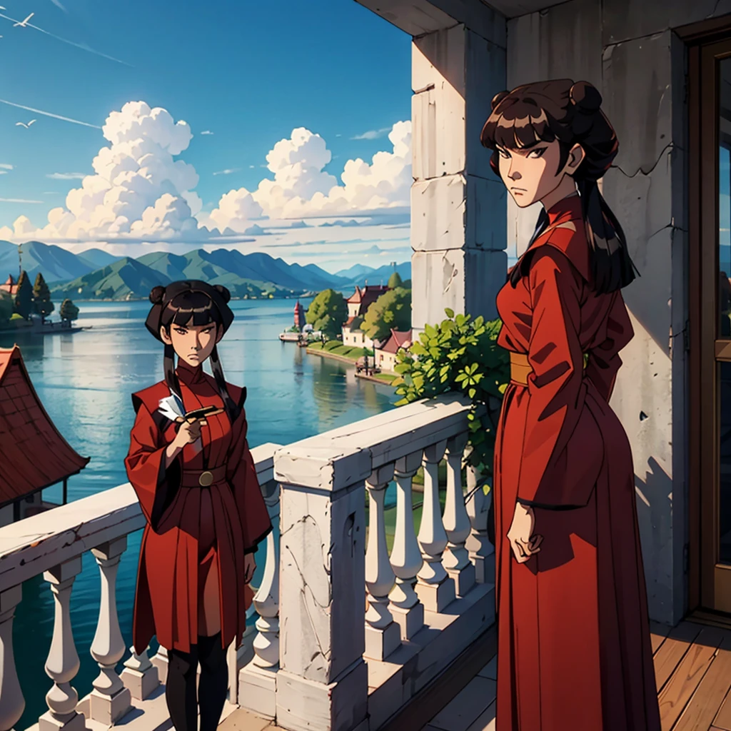 mai, very beautiful, brown eyes, long black hair, two stories, double bun, side locks, red clothes, sexy clothes, long sleeves, looking at viewer, serious, standing, outside, balcony, lake, holding a knife, blue sky, high quality, masterpiece,  