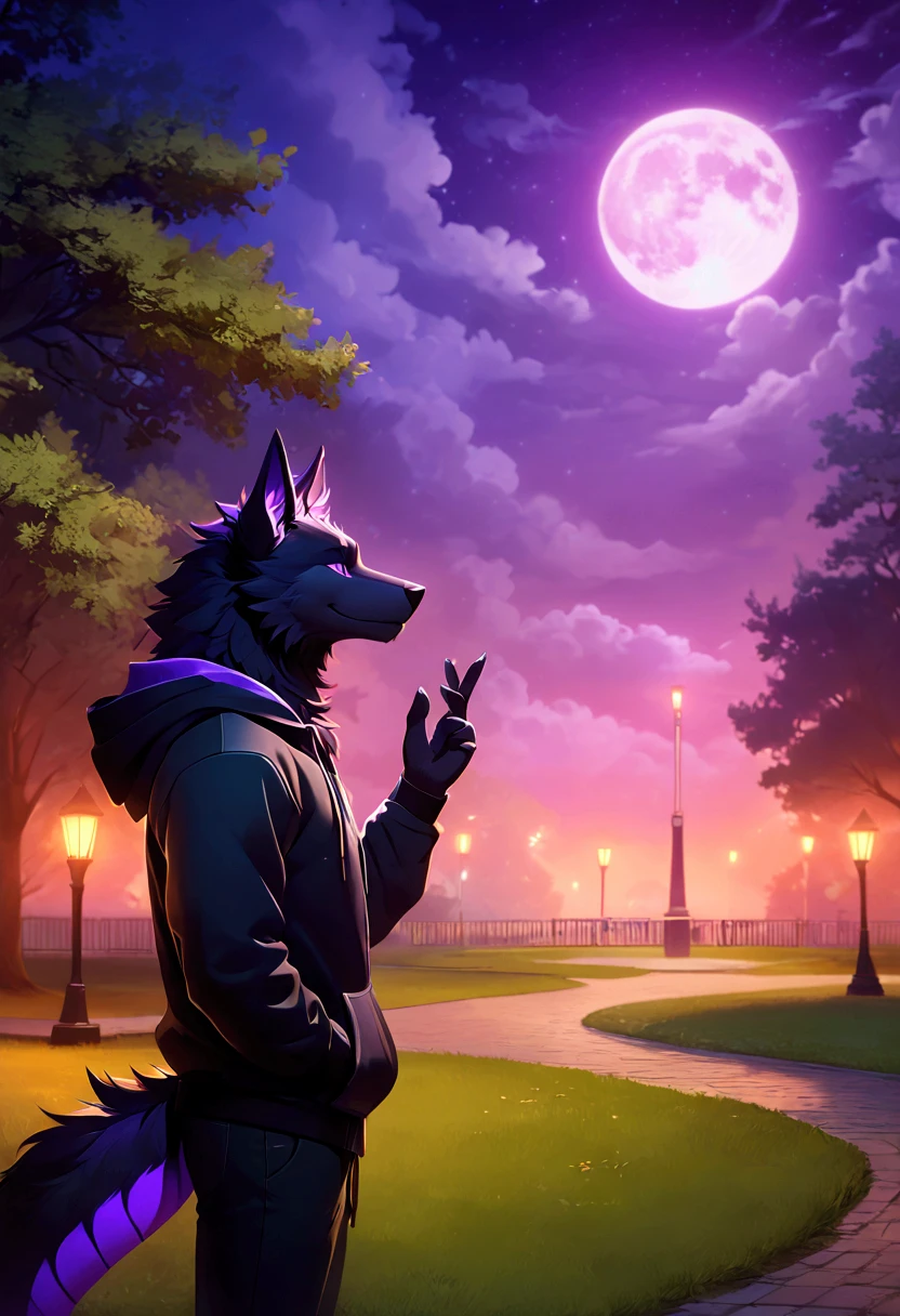 Furry black wolf, purple eyes, horn between ears, dragon tail, muscular, wearing black jacket, with hoodie, wearing gray shirt, wearing long black pants, standing in the park, head is up, smiling, looking at the sky, body side view, grassy park, middle night, full moon, sky foggy, casting magic a dark purple flame in left hand.