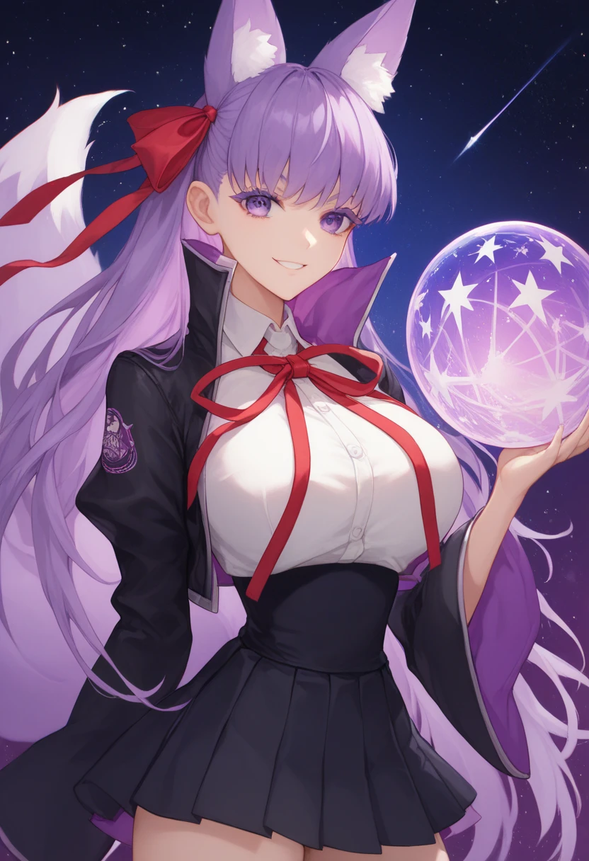 bb, purple hair, long hair, bangs purple hair, purple eyes, black jacket, black skirt, collared shirt, hair ribbon, high-waist skirt, jacket, long sleeves, neck ribbon, open clothes, open jacket, pleated skirt, red ribbon, ribbon, shirt, skirt, sleeves past wrists, white shirt, wide sleeves, fox ears, fox tail, purple eyelashes, magical sphere, large breasts, space stars, space background, holding magical sphere, thicc thighs, thick eyelashes, eyelashes, thick purple eyelashes, bloom, colorful, high contrast, cinematic lighting, cinematic, tone mapping, smile, looking at viewer
