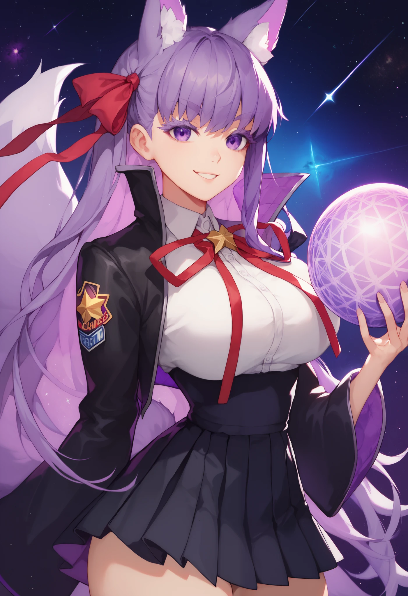 bb, purple hair, long hair, bangs purple hair, purple eyes, black jacket, black skirt, collared shirt, hair ribbon, high-waist skirt, jacket, long sleeves, neck ribbon, open clothes, open jacket, pleated skirt, red ribbon, ribbon, shirt, skirt, sleeves past wrists, white shirt, wide sleeves, fox ears, fox tail, purple eyelashes, magical sphere, large breasts, space stars, space background, holding magical sphere, thicc thighs, thick eyelashes, eyelashes, thick purple eyelashes, bloom, colorful, high contrast, cinematic lighting, cinematic, tone mapping, smile, looking at viewer
