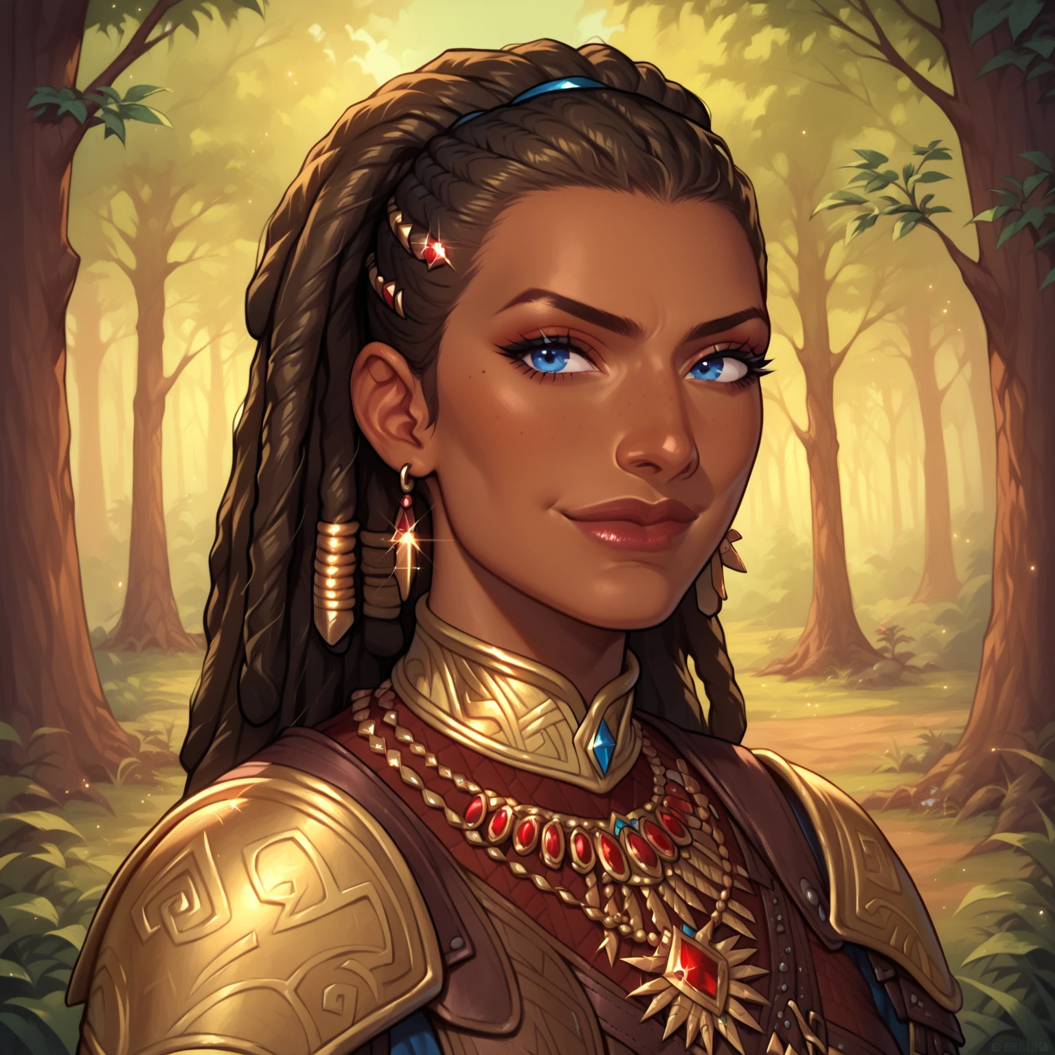 (((beautiful, high quality, comics style, detailed face))), score_9, score_8_up, score_7_up, BREAK, human, beautiful woman, african appearance, dark brown skin, leather primitive armor, jewels in her hair, blonde dreadlocks, blue eyes, wide smile, solo, portrait, upper body, portrait, serious expression, at night, pine forest background, fantasy, blurred background, Expressiveh, detailxl