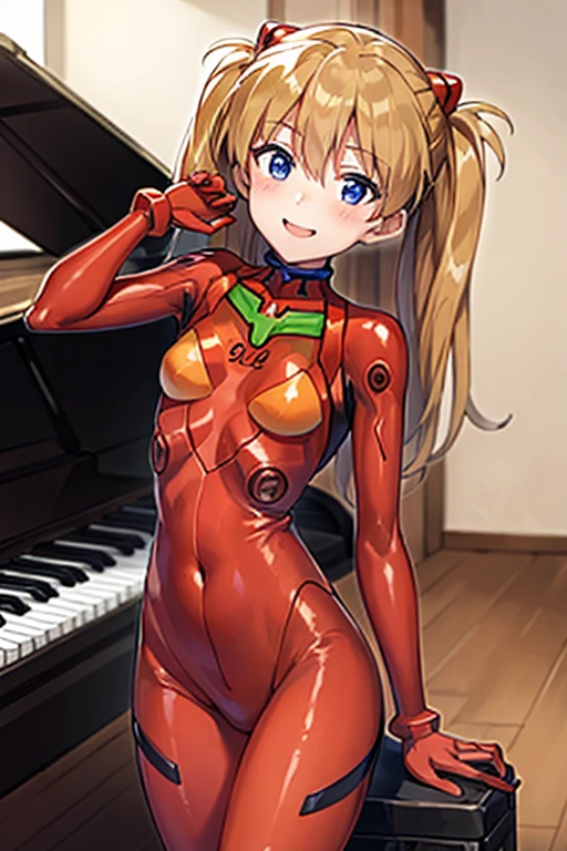 (( top quality)), ((masterpiece)), (be familiar with), perfect face, indoor, bedroom,  Watching Viewers ,
One woman,  Soryu Asuka Langley ,
開いた口,  ecstatic expression beside the piano, blush, smile,
 small tits,  flat chest, Young girl, Lori,  s,  girl,
 long hair,  twin tails,
Leg spread,