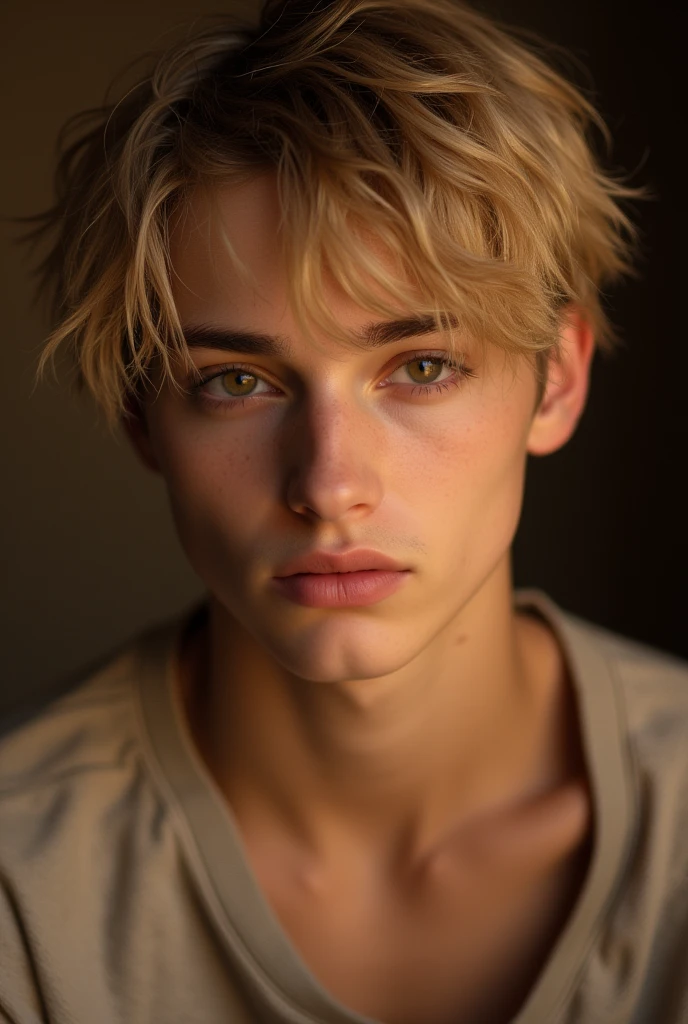 guy with golden blond dirty hair, messy short haircut with face framing layers, thick brown eyebrows, soft brown eyes, light skin, plump soft big lips, beautiful, 20 years old, amazing soft cozy lightning, cozy background 