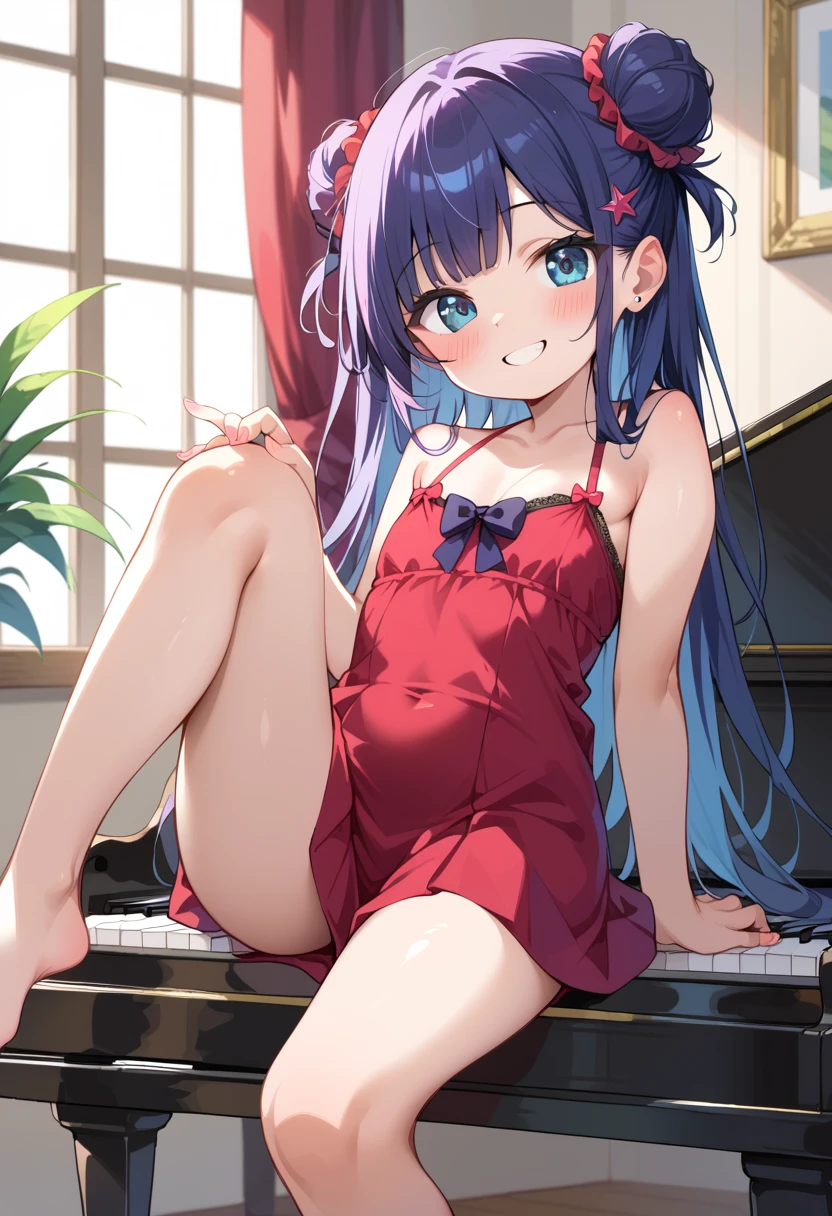 (( top quality)), ((masterpiece)), (be familiar with), perfect face, indoor, bedroom,  Watching Viewers ,
One woman, I was,
開いた口,  ecstatic expression beside the piano, blush, smile,
 small tits,  flat chest, Young girl, Lori,  s,  girl,
 long hair,  twin bun hair ,
Leg spread,