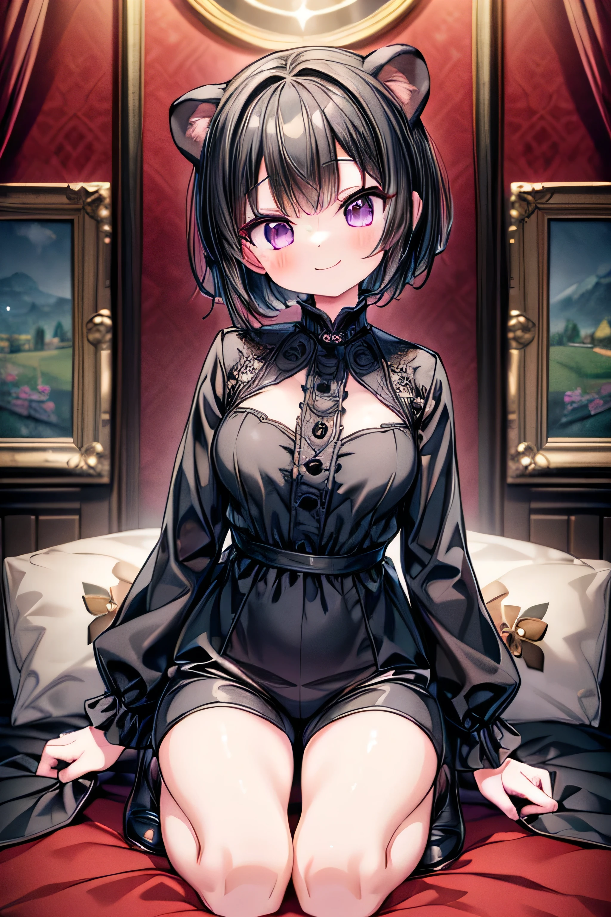 Witch's outfit, Anime-style portrait of a teen-ager girl with a deep violet bob cut, (Golden eyes), bright eyes, detailed eyes, baby-faced, eye contact with the camera, subtle smile, minimalistic background to emphasize character, high contrast, clean lines, digital painting, vivid colors