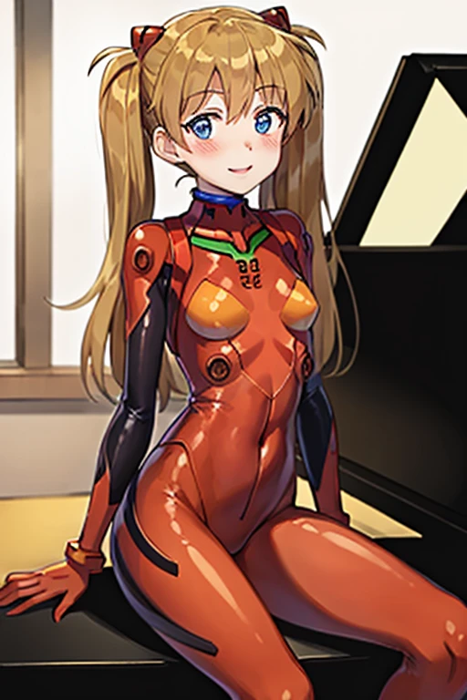 (( top quality)), ((masterpiece)), (be familiar with), perfect face, indoor, bedroom,  Watching Viewers ,
One woman,  Soryu Asuka Langley ,
開いた口,  ecstatic expression beside the piano, blush, smile,
 small tits,  flat chest, Young girl, Lori,  s,  girl,
 long hair,  twin tails,
Leg spread,