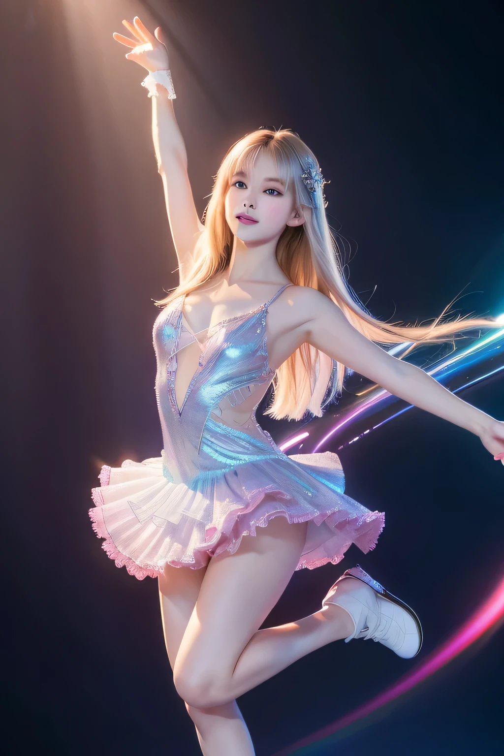two beautiful little 11 year old Russian girls long blonde hair, tiny short dress, dressing like a princess, nice legs, dancing in a birthday party