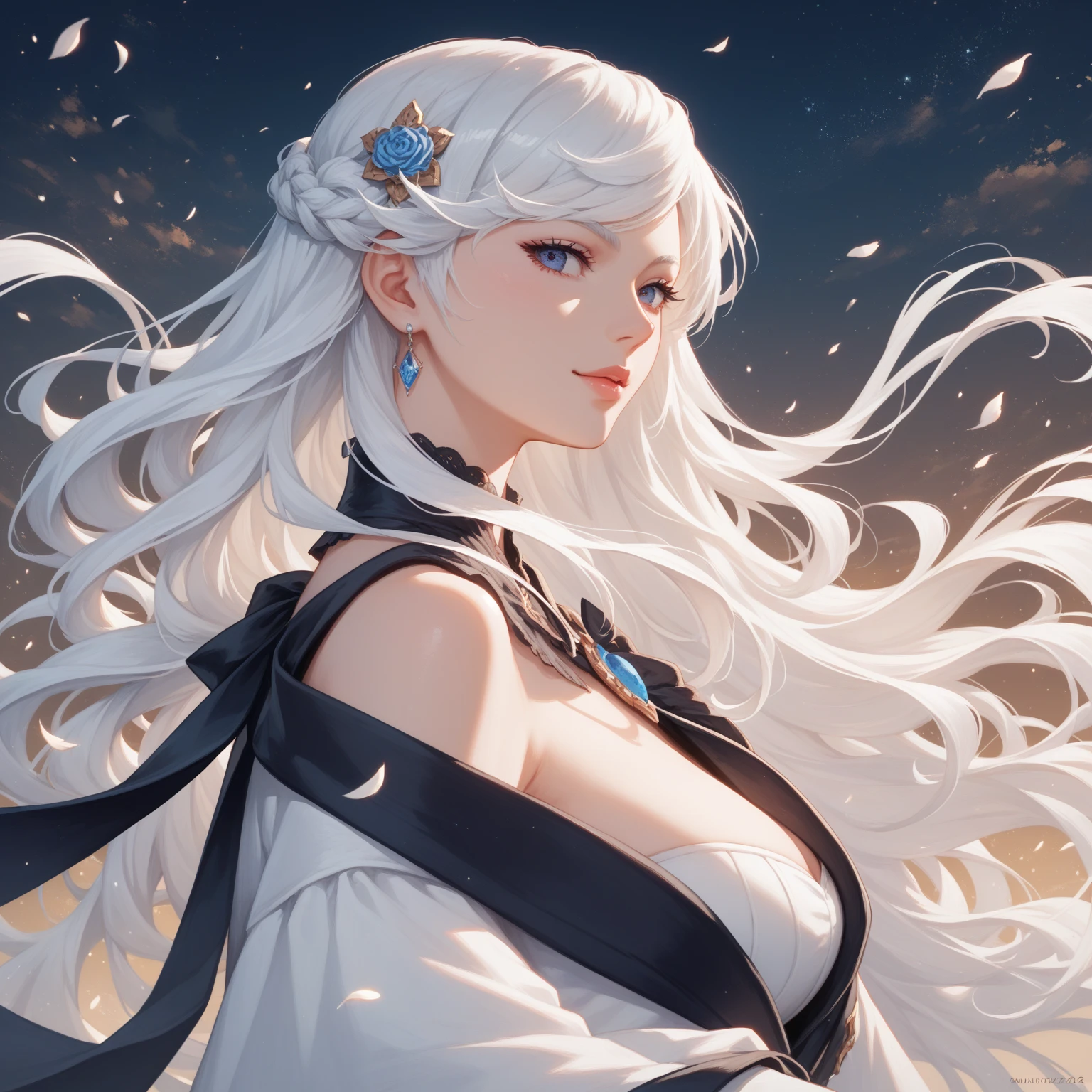 (masterpiece, best quality,ultra detailed,realistic,dutch angle).(1 girl, solo focus),(small breasts, short hair, white hair),(army uniform, open front, cleavage,　Exposed abdomen, heavy armed girl),(floating hair, wind).(outdoors)

