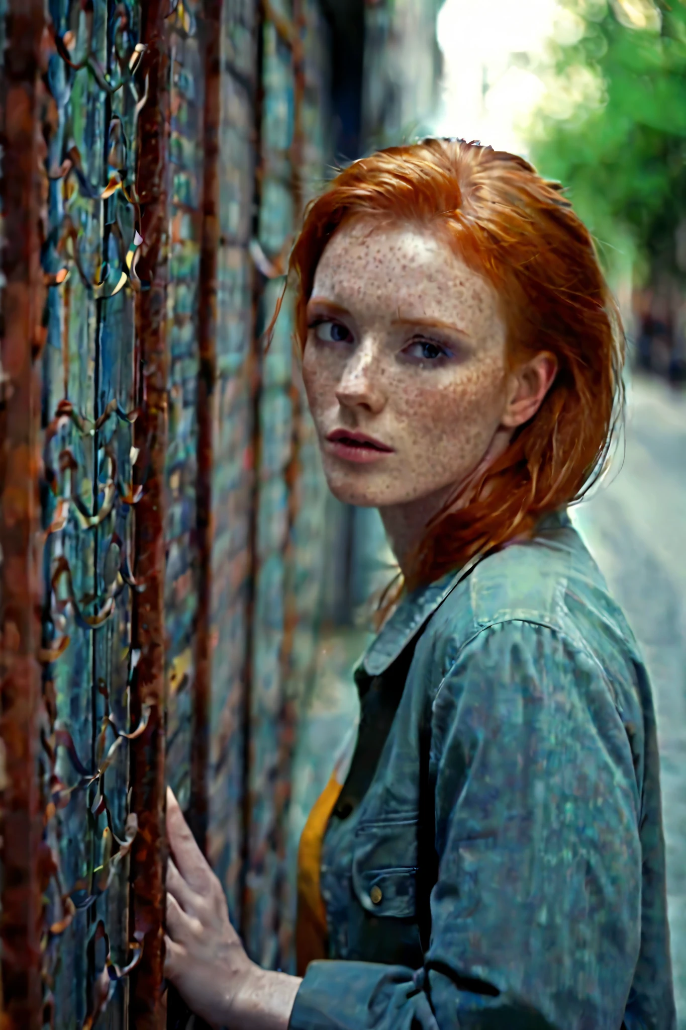 Close up of a mysterious redhead, In an alley in a city , 80s style, realistic, Ultra HD. period film.