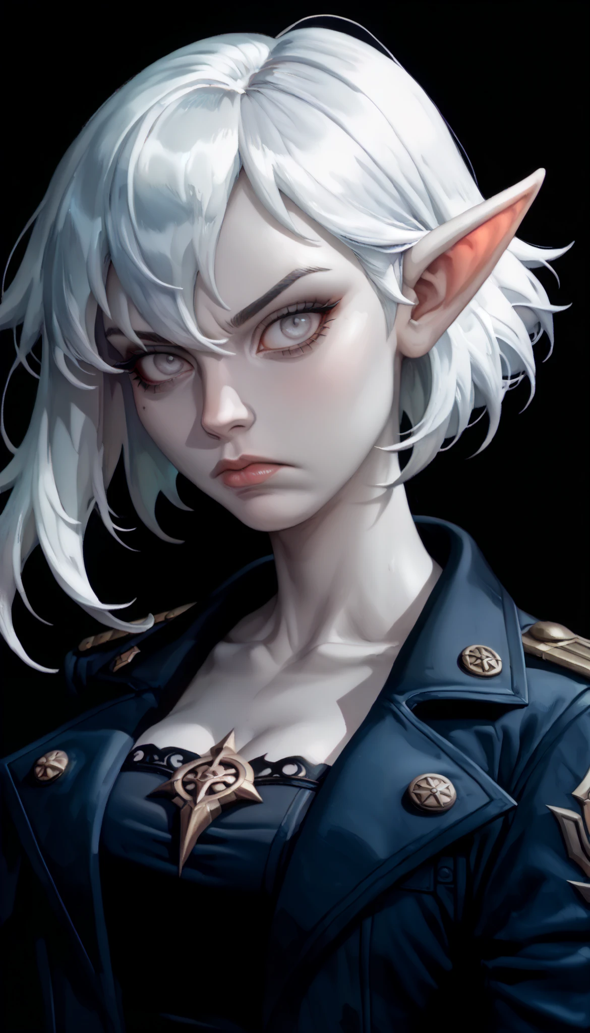 one woman, briar from league of legends, (pale skin, grey skin:1.3), pointy ears, sharp teeth, (pale eyes:1.2), white hair, straight bangs, (upper body:1.3), (black background, clear background:1.5), (black military jacket:1.2), (studio lights, deep shadows:1.3), (serious face:1.2), (big chest:1.2)
