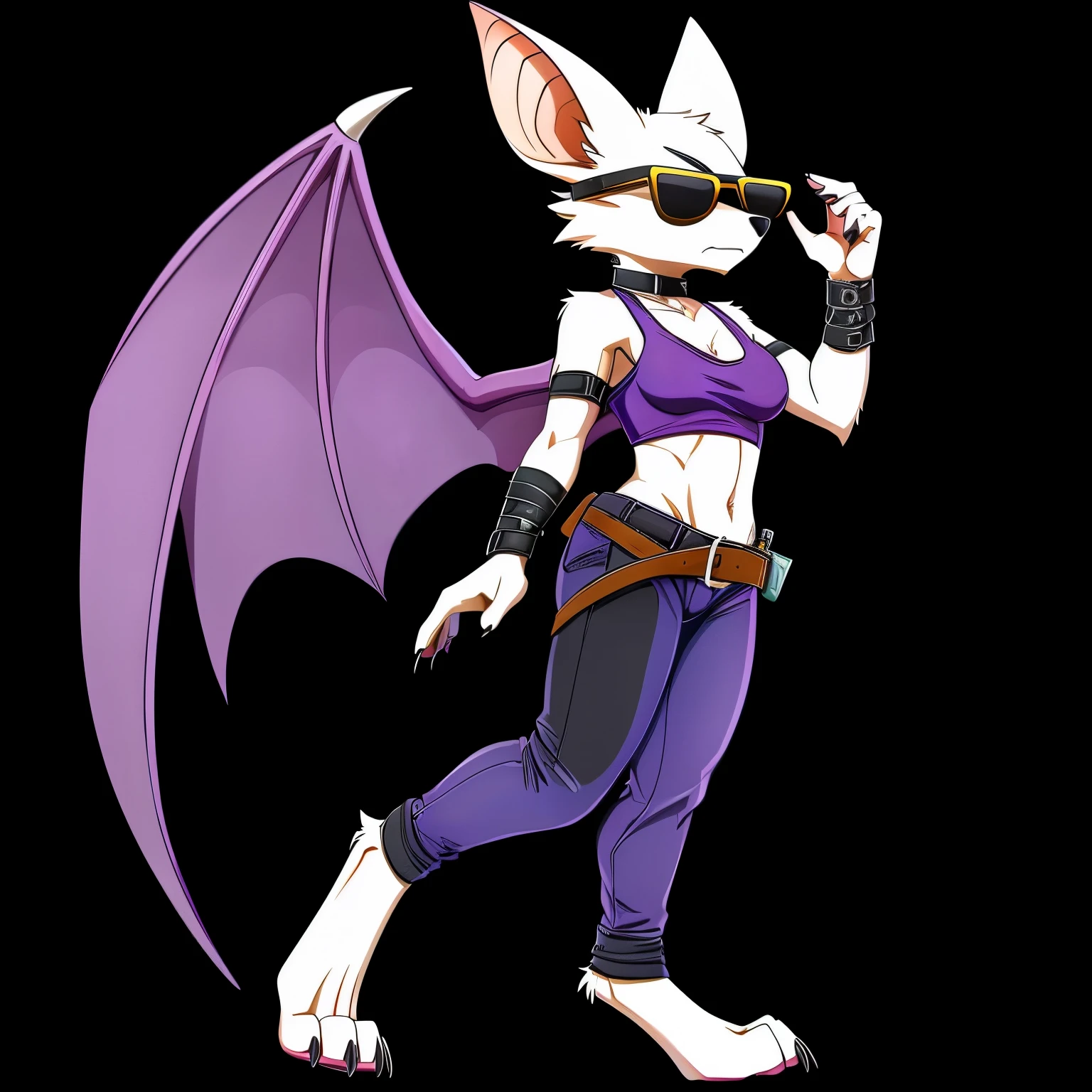 SFW version, anime, anime style, solo picture, ((three-quarter view)), ((looking to the side)), full body picture, ((facing viewer)), Anthro bat character, tall figure, ((Fit figure)), ((white skin)), clawed hands, ((clawed feet)), ((one pair of huge purple bat wings)), ((white bat ears)), ((wearing black denim leggings)), exposed belly, ((wearing belts on arms)), ((wearing belts around ankles)), ((wearing belts on legs)), stylish outfit, black and purple clothes, ((white face)), neutral expression, ((Wearing sharp sunglasses)), ((digitigrade legs)), ((digitigrade feet)), solid black background, dark background, highly detailed anime style, clean lines, beautiful demoness, female demon, gorgeous demon girl, ((hourglass figure)), short muzzle, furry cheeks, furry muzzle, long furred tail