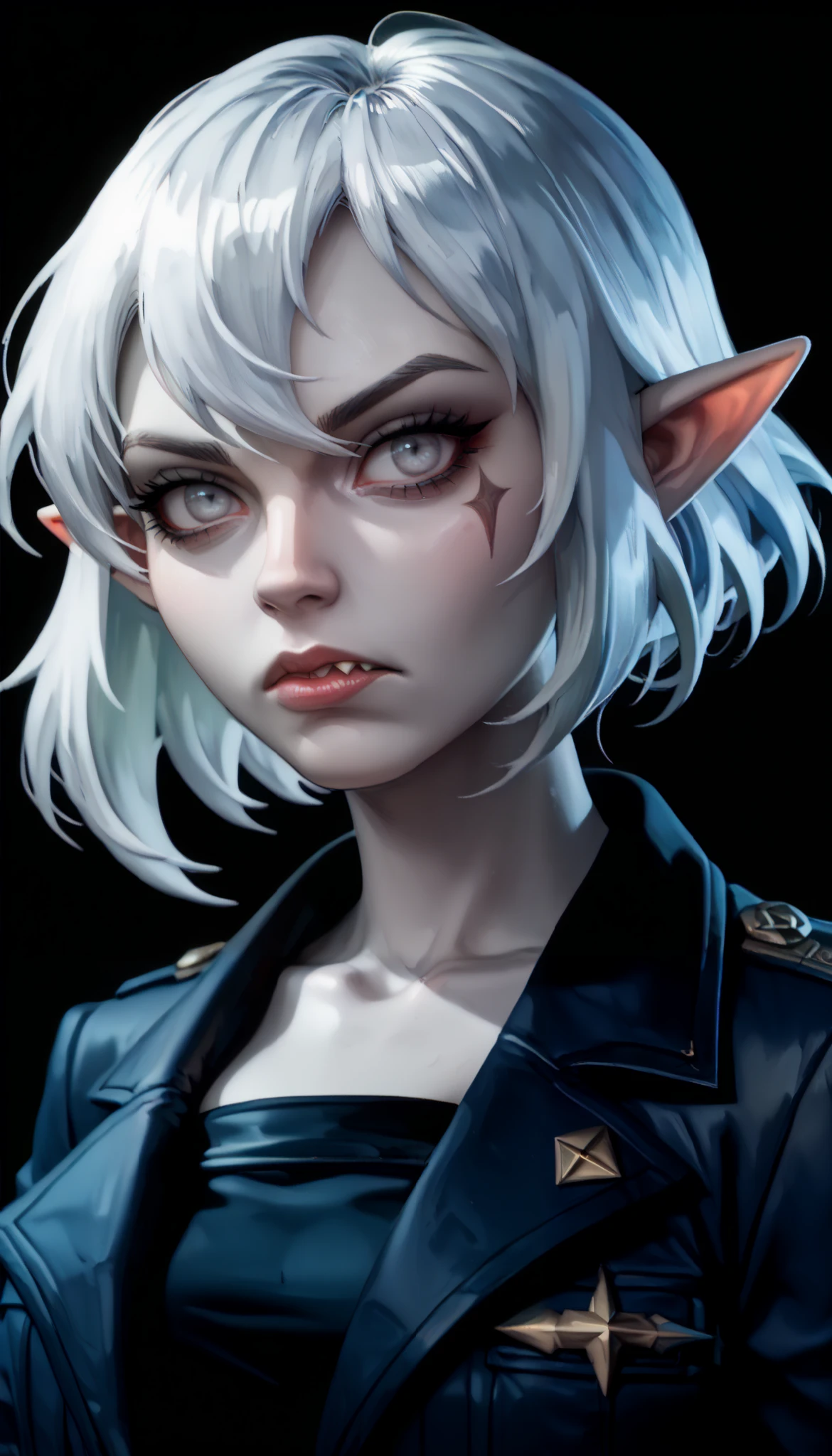 one woman, briar from league of legends, (pale skin, grey skin:1.3), pointy ears, sharp teeth, (pale eyes:1.2), white hair, straight bangs, (upper body:1.3), (black background, clear background:1.5), (black military jacket:1.2), (studio lights, deep shadows:1.3), (serious face:1.2), (big chest:1.2)
