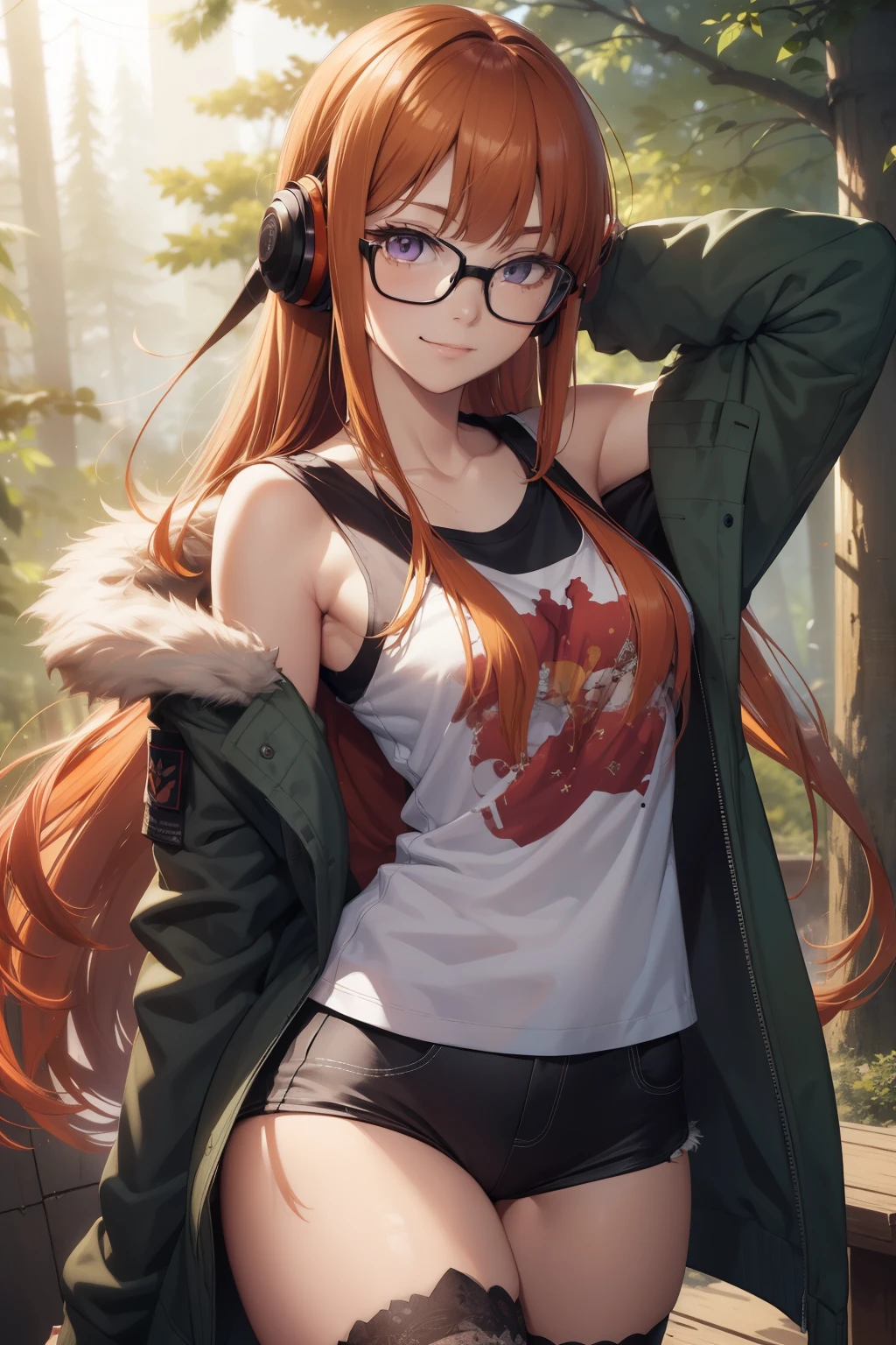 futabasakura, futaba sakura, orange hair, glasses, long hair, (purple eyes:1.1), ahoge,
behind-the-head headphones, black thighhighs, fur trim, fur-trimmed jacket, green jacket, headphones, jacket, off shoulder, off-shoulder shirt, shirt, t-shirt, thighhighs, looking at viewer, forest, dark sky, contrapposto, smile, spread armpits, cowboy shot, sleeveless, arms behind head, (masterpiece:1.2), best quality, (illustration:0.8), (beautiful detailed eyes:1.6), extremely detailed face, perfect lighting, extremely detailed CG, (perfect hands, perfect anatomy), younger,