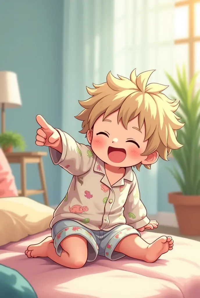 A cute young anime boy with fluffy hair and dinosaur pajamas sits with his legs stretched out, while showing his underwear.