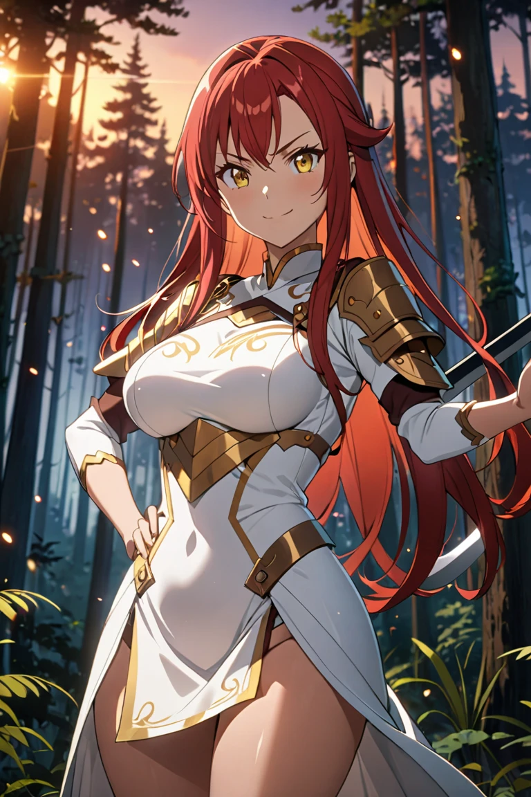 kuroda kazuya, score_7_up, source_anime, very aesthetic, absurdres, rating explicit, 1girl, solo, looking at viewer, blush, cowboy shot, large breasts, cleavage, midriff, pelvic curtain, smile, staff, red hair, brown eyes, yellow ribbon