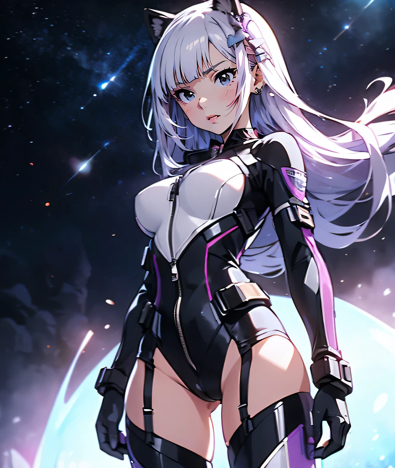 (master piece, best quality, ultra detailed, highres, 8k), The protagonist of a new special effects drama、Space Sheriff Jasmine、-yeld fee、only one girl, half side bun hair, shortcut hair, silver purple hair, slender, Headgear with cat ear antenna, Wearing a combat suit like Space Sheriff Gavan、Combat suits are protected by titanium、The combat suit is very high-legs and very tight and hugs the body.、The suit is gold with black accents、She is removing her helmet、(medium breasts), (medium hips), (The suit has a feminine shape that makes the most of the curves)、(The shape of the breasts is clearly visible), The waist of the suit is tightly cinched  the private parts.、There is a zipper that runs from the vulva to the anus and can be opened when urinating or defecating.、The titanium protector is thick and divided into three parts: chest, abdomen, and waist.、Inspired by Robocop design、