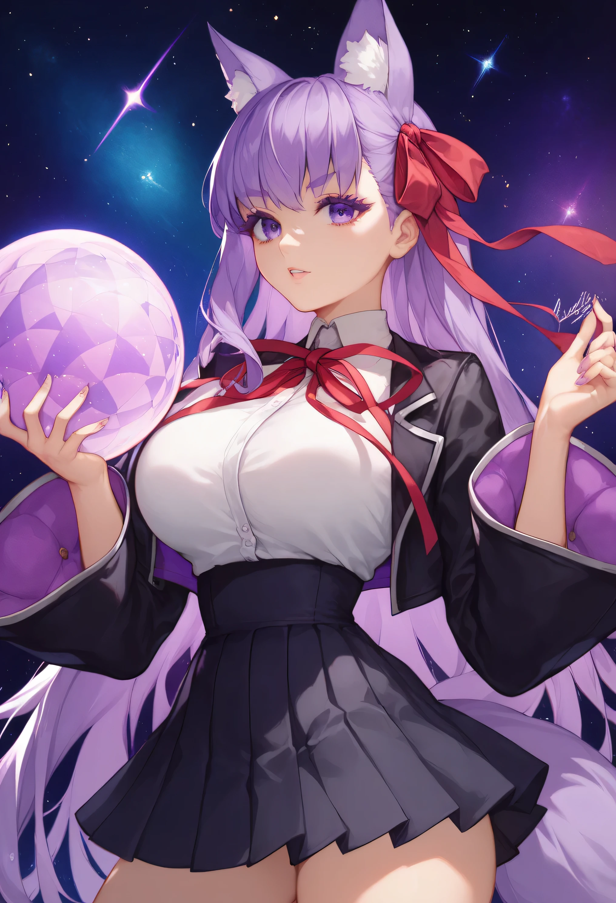 bb, purple hair, long hair, bangs purple hair, purple eyes, black jacket, black skirt, collared shirt, hair ribbon, high-waist skirt, jacket, long sleeves, neck ribbon, open clothes, open jacket, pleated skirt, red ribbon, ribbon, shirt, skirt, sleeves past wrists, white shirt, wide sleeves, fox ears, fox tail, purple eyelashes, magical sphere, large breasts, space stars, space background, holding magical sphere, thicc thighs, thick eyelashes, eyelashes, thick purple eyelashes, bloom, colorful, high contrast, cinematic lighting, cinematic, tone mapping,
