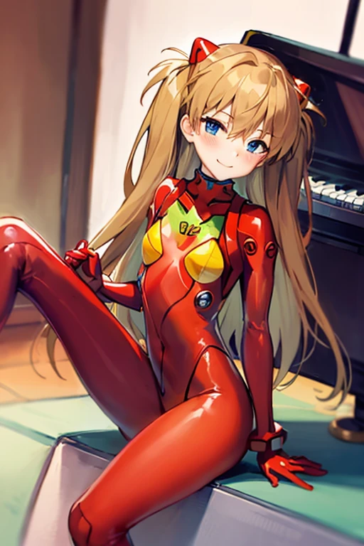 (( top quality)), ((masterpiece)), (be familiar with), perfect face, indoor, bedroom,  Watching Viewers ,
One woman,  Soryu Asuka Langley ,
開いた口,  ecstatic expression beside the piano, blush, smile,
 small tits,  flat chest, Young girl, Lori,  s,  girl,
 long hair,  two side up,
Leg spread,