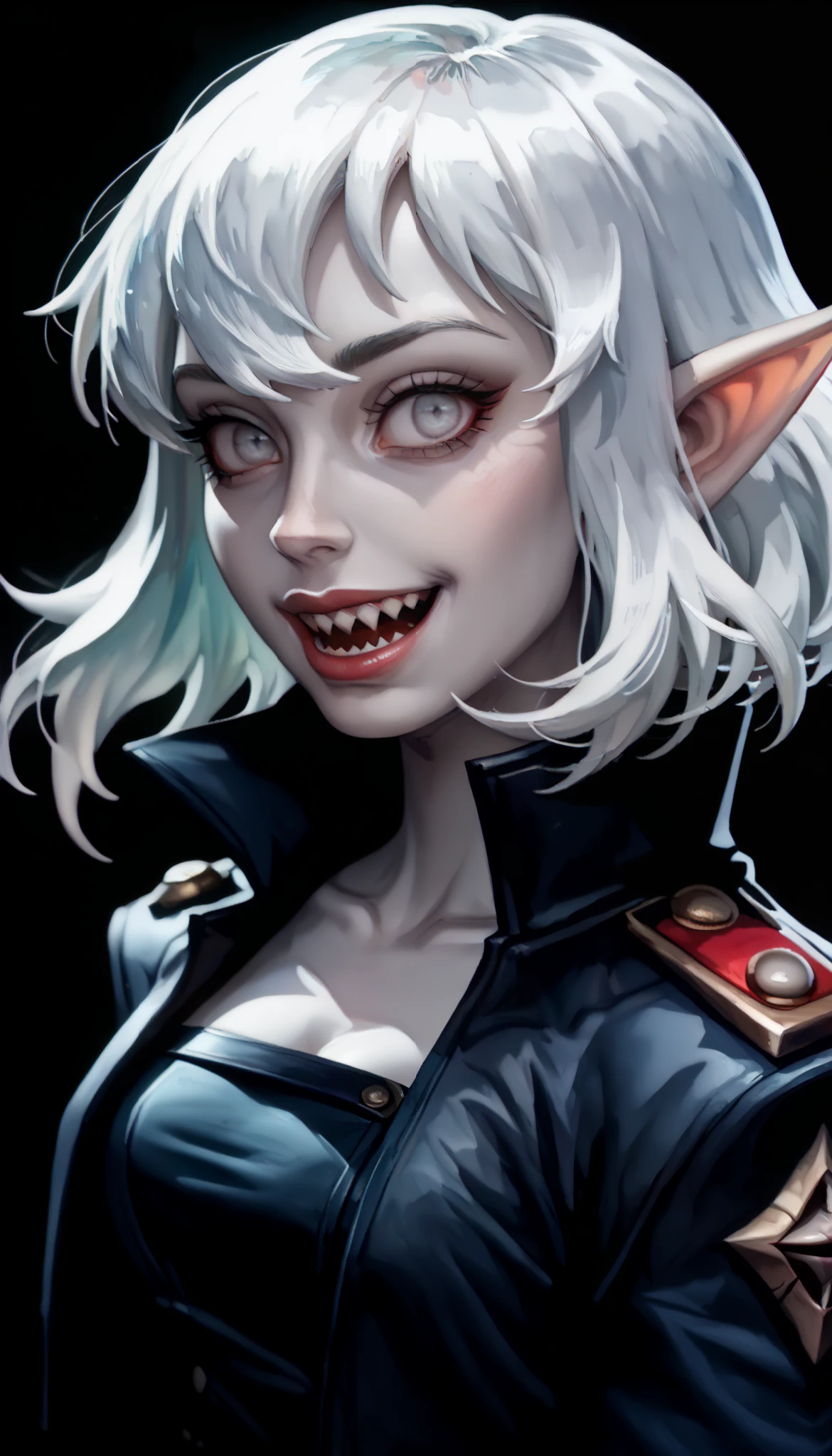 one woman, briar from league of legends, (pale skin, grey skin:1.3), pointy ears, sharp teeth, (pale eyes:1.2), white hair, straight bangs, (upper body:1.3), (black background, clear background:1.5), (black military jacket:1.2), (studio lights, deep shadows:1.3), (joyful face:1.2), (big chest:1.2)