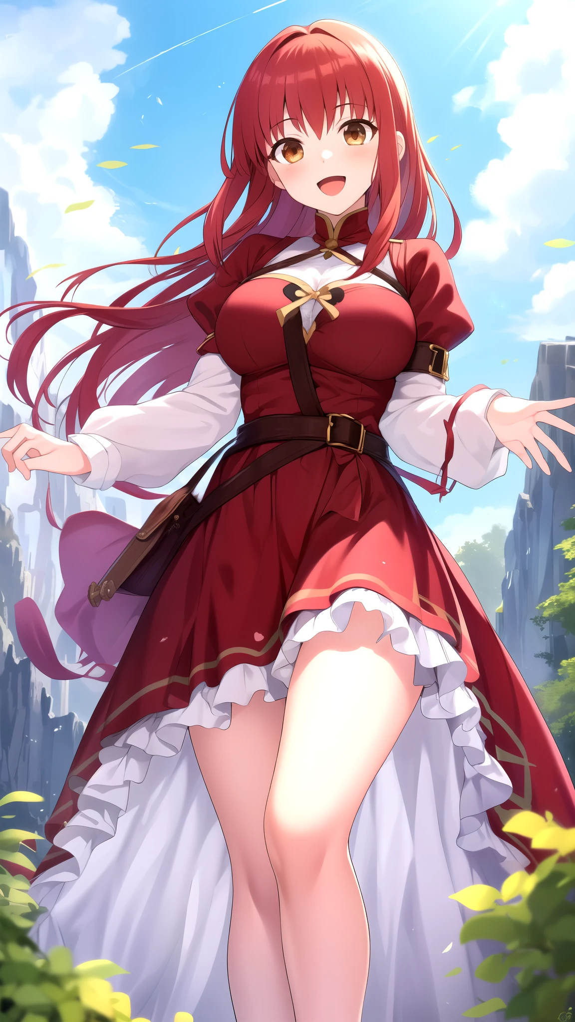masterpiece, best quality, highres, girl, solo, looking at viewer, Shirou Emiya, Red hair, Brown Eyes, large breasts, princess connect re dive cosplay, princess Dress, standing, smile, open mouth, outdoors 