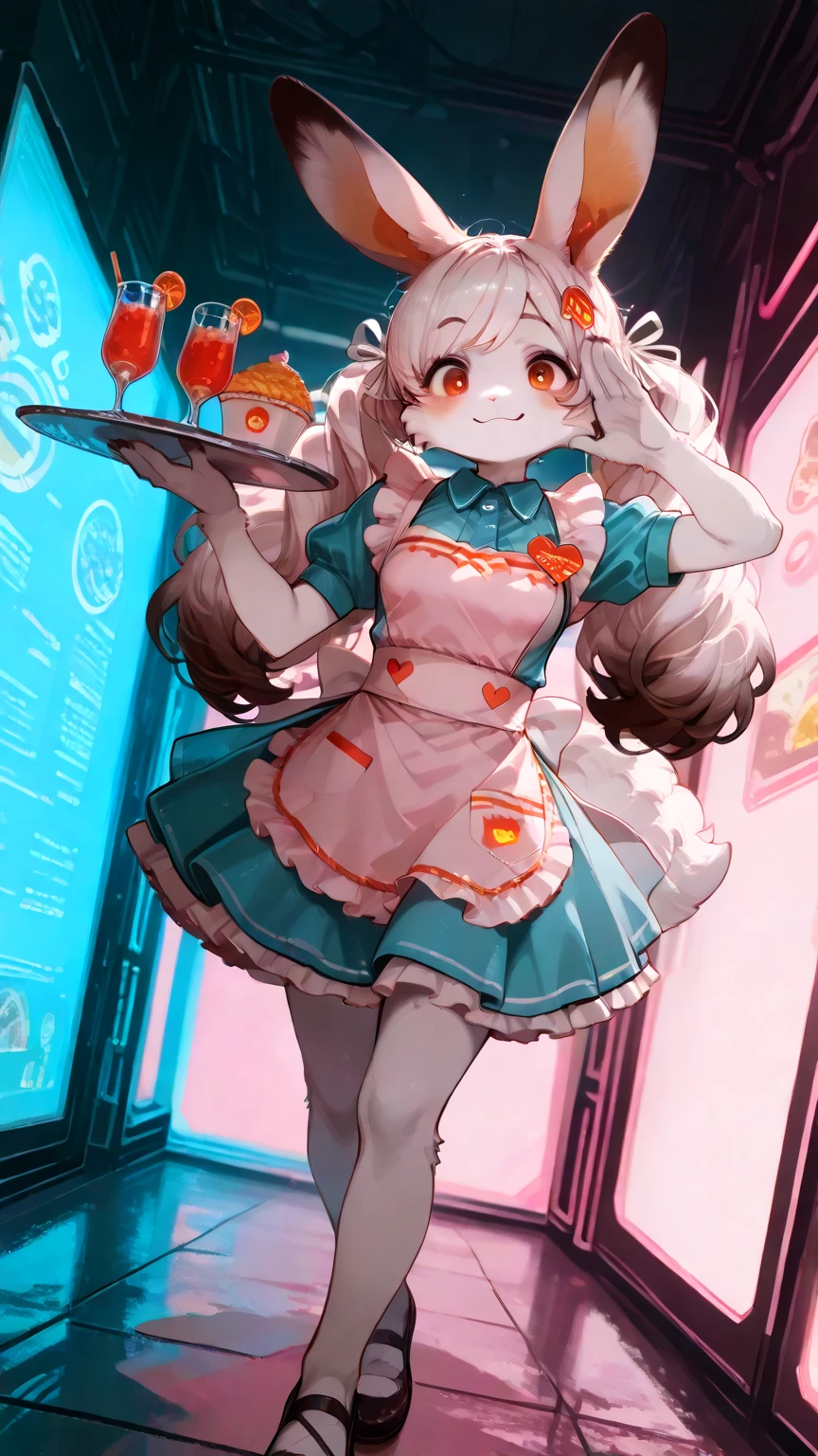 1girl,\((anthropomorphic rabbit, furry, kemono:1.3),fluffy fur, Virtual waitress, hologram waitress, white ribbon, apron, Attractive smile, greeting viewer, holding tray, cheerful, cyborg style, cyborg, android,cute pose,dynamic pose\), background\(fast food restaurant\(cute, futuristic design, neon lights, digital menu, pink, blue, white, glass reflection, metal reflection, advanced technology\).(dynamic angle:1.3),dutch angle, masterpiece, best quality