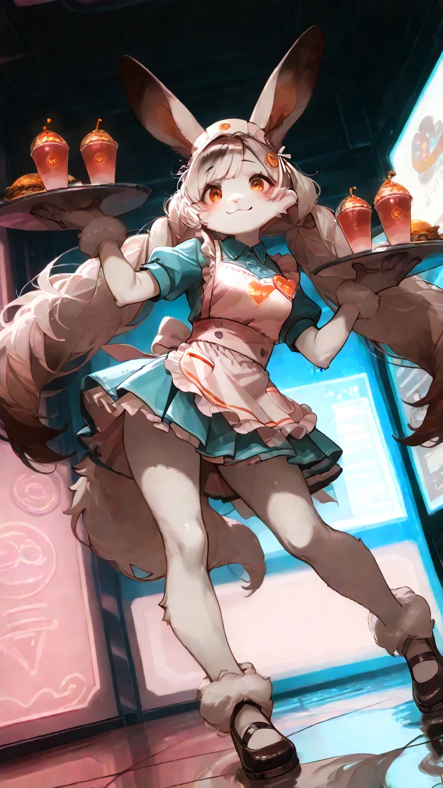 1girl,\((anthropomorphic rabbit, furry, kemono:1.3),fluffy fur, Virtual waitress, hologram waitress, white ribbon, apron, Attractive smile, greeting viewer, holding tray, cheerful, cyborg style, cyborg, android,cute pose,dynamic pose\), background\(fast food restaurant\(cute, futuristic design, neon lights, digital menu, pink, blue, white, glass reflection, metal reflection, advanced technology\).(dynamic angle:1.3),dutch angle, masterpiece, best quality