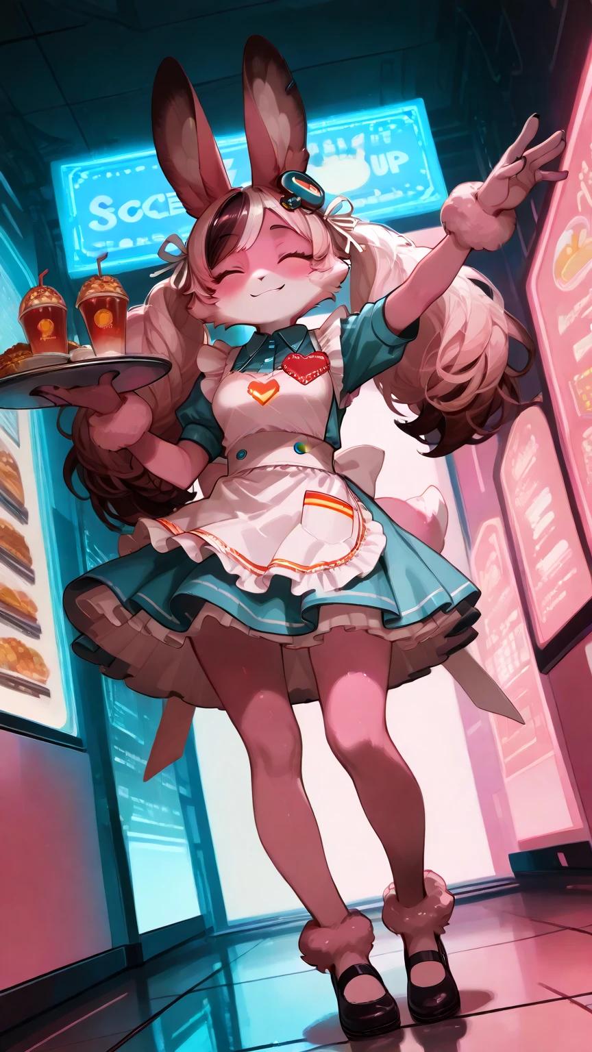 1girl,\((anthropomorphic rabbit, furry, kemono:1.3),fluffy fur, Virtual waitress, hologram waitress, white ribbon, apron, Attractive smile, greeting viewer, holding tray, cheerful, cyborg style, cyborg, android,cute pose,dynamic pose\), background\(fast food restaurant\(cute, futuristic design, neon lights, digital menu, pink, blue, white, glass reflection, metal reflection, advanced technology\).(dynamic angle:1.3),dutch angle, masterpiece, best quality