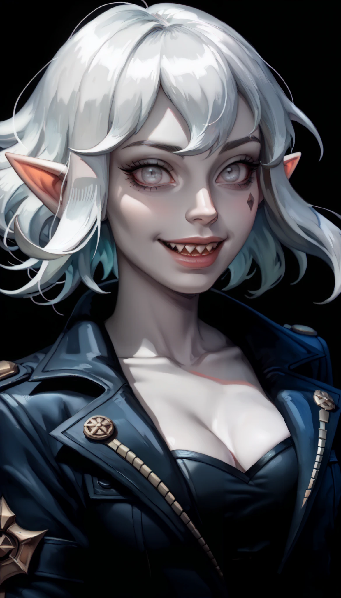 one woman, briar from league of legends, (pale skin, grey skin:1.3), pointy ears, sharp teeth, (pale eyes:1.2), white hair, straight bangs, (upper body:1.3), (black background, clear background:1.5), (black military jacket:1.2), (studio lights, deep shadows:1.3), (joyful face:1.2), (big chest:1.2)
