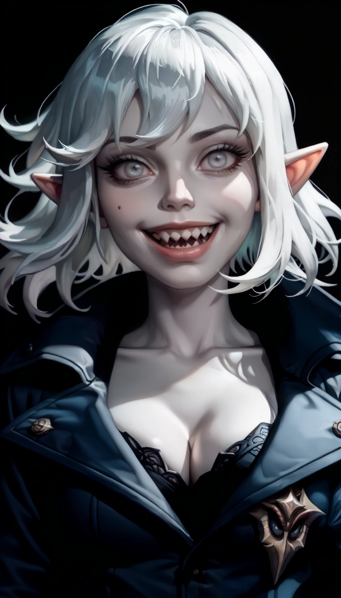one woman, briar from league of legends, (pale skin, grey skin:1.3), pointy ears, sharp teeth, (pale eyes:1.2), white hair, straight bangs, (upper body:1.3), (black background, clear background:1.5), (black military jacket:1.2), (studio lights, deep shadows:1.3), (joyful face:1.2), (big chest:1.2)