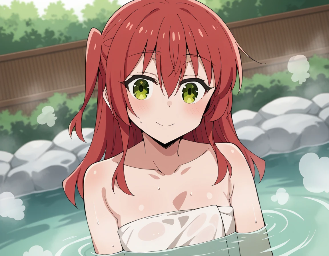 score_9, score_8_up, score_7_up, source_anime,
kitaikuyo, ikuyo kita, green eyes, hair between eyes, long hair, one side up, red hair,,,
, 
outdoors, onsen, towel, , steam, bathing, , partially submerged, water, bath, steam censor, 
looking at viewer, cowboy shot, dutch angle, solo, , smile, dynamic pose