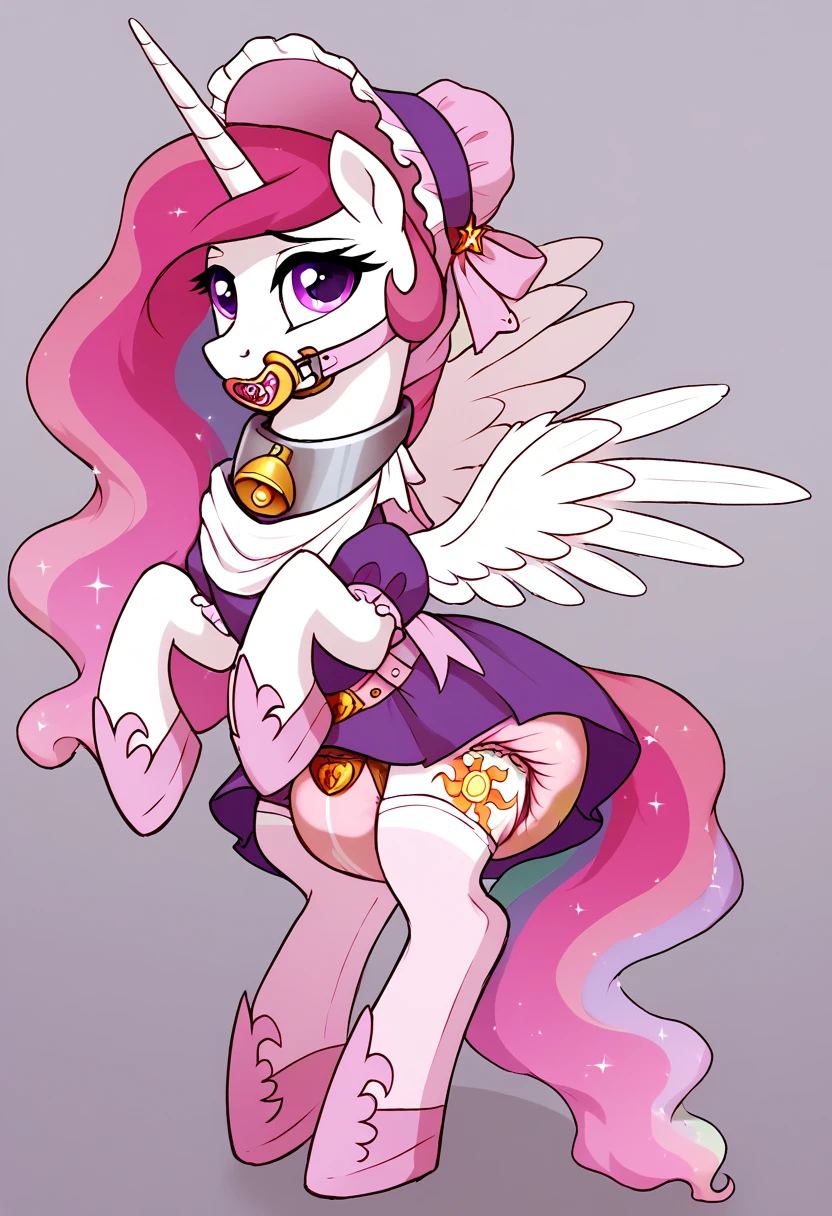 alicorn pony alone , adult mare, Princess Celestia, , the mane is gathered in a dark pink bonnet ,  purple eyes, stands on four hooves ,  wide open back hooves , dressed in an ornate dark pink and golden white ,  black and purple dress with ruffles and ruffles and a short skirt ,  around the neck, a white bib with gold trim on the edges with pink lettering in the middle :  x} “stupid guilty filly” ,  steel collar with a purple tint and a bell with a sad sun tag under the bib,  white stockings and pink booties over hoof socks , large golden pacifier gagged with straps , thick diaper under clothes,  pink plastic panties over a diaper with a chastity belt, solo,  simple background.