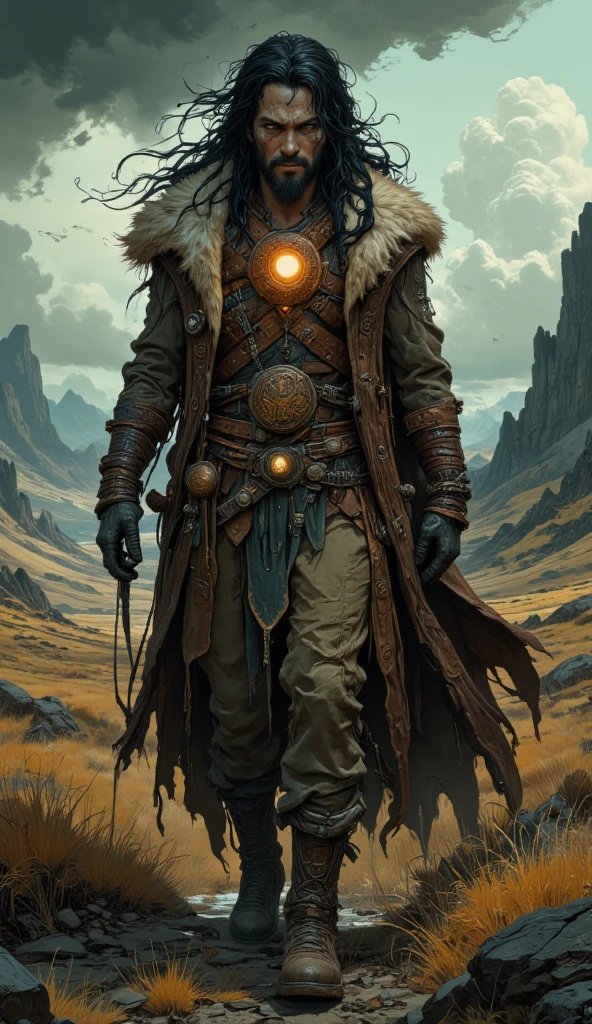 A druid enveloped in weathered Pictish warrior attire strides across a desolate moor beneath a storm-laden sky. Their rugged outfit blends aged leather, worn fur, and intricate hand-stitched patterns, with an ancient carved amulet glowing faintly at their chest. The golden ratio emphasizes their piercing, hyper-realistic facial features, framed by windswept hair that merges with the brooding landscape. The scene is drenched in cinematic lighting, where dramatic contrasts of light and shadow dance over the figure, casting a somber, mystical glow. A muted palette of earthy browns, deep greens, and shadowy grays shapes a world both moody and steeped in otherworldly allure."