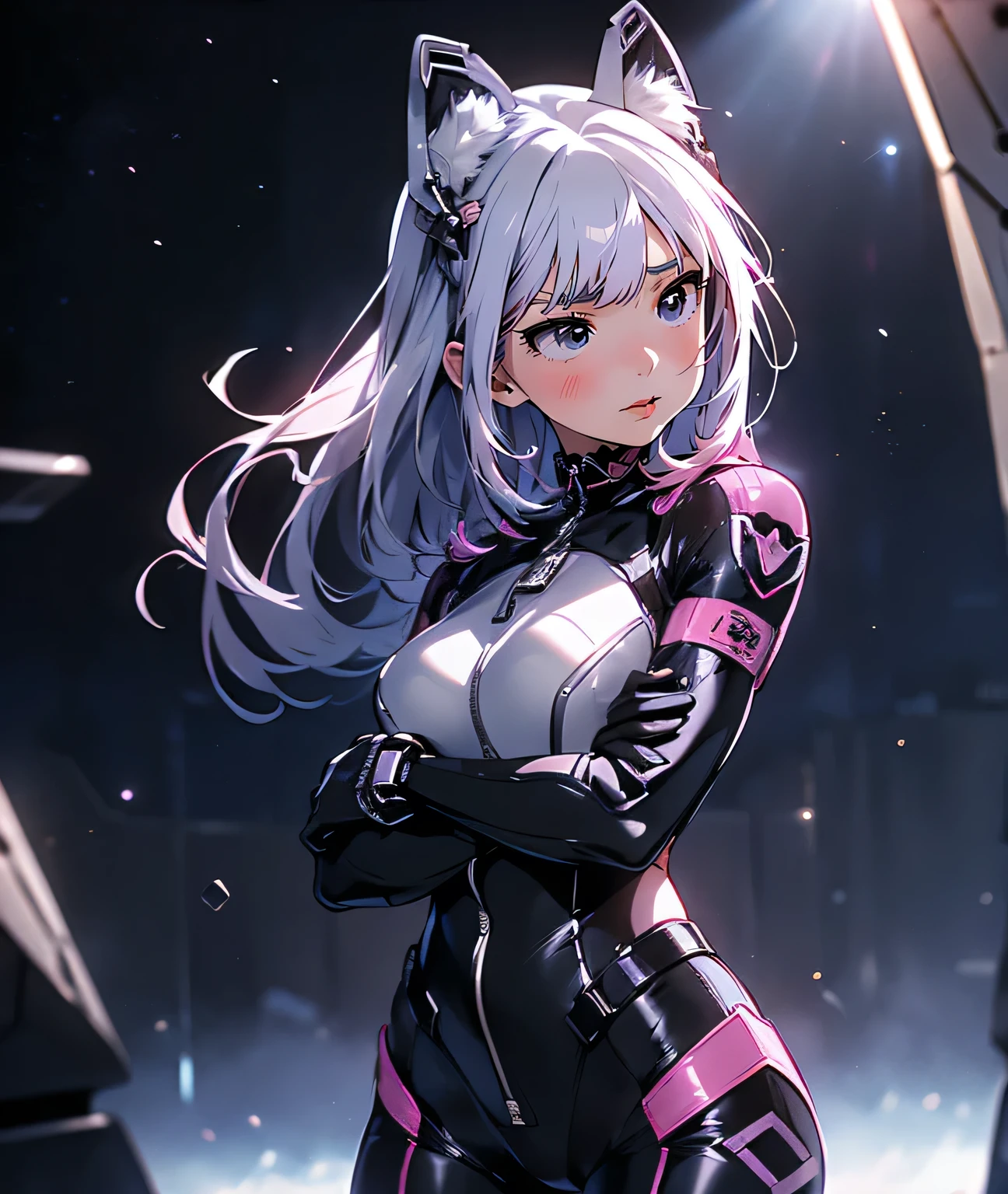 (master piece, best quality, ultra detailed, highres, 8k), The protagonist of a new special effects drama、Space Sheriff Jasmine、17-year-old female、only one girl, half side bun hair, shortcut hair, silver purple hair, slender, Headgear with cat ear antenna, Wearing a combat suit like Space Sheriff Gavan、Combat suits are protected by titanium、(The combat suit is very high-legs and very tight and hugs the body:1.2)、The suit is gold with black accents、She is removing her helmet、(medium breasts), (medium hips), (The suit has a feminine shape that makes the most of the curves)、(The shape of the breasts is clearly visible), The waist of the suit is tightly cinched  the private parts.、There is a zipper that runs from the vulva to the anus and can be opened when urinating or defecating.、The titanium protector is thick and divided into three parts: chest, abdomen, and waist.、Inspired by Robocop design、