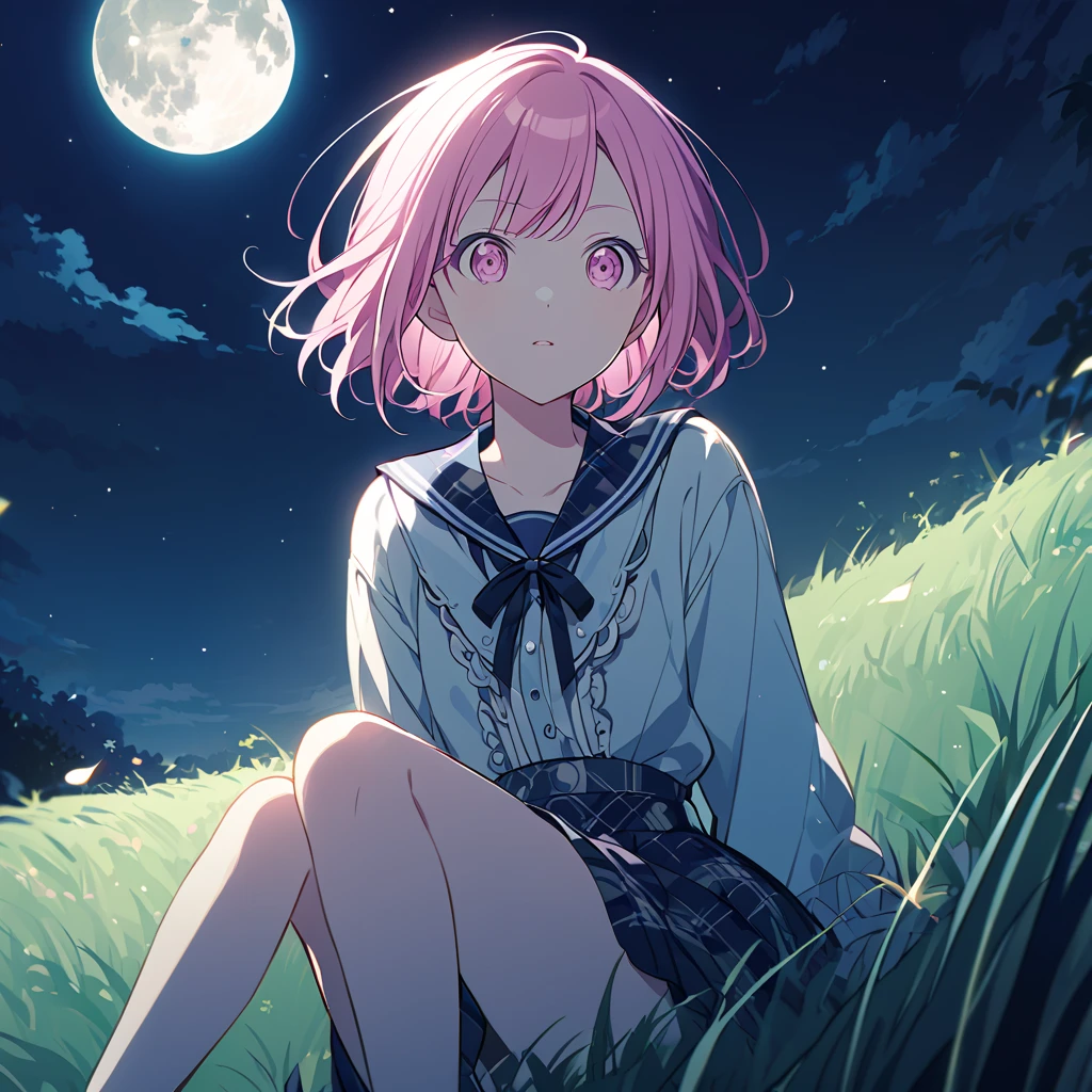 Otori Emu from Project Sekai, staring into the sky, Night time, she is sitting on the grass and watching the moon.