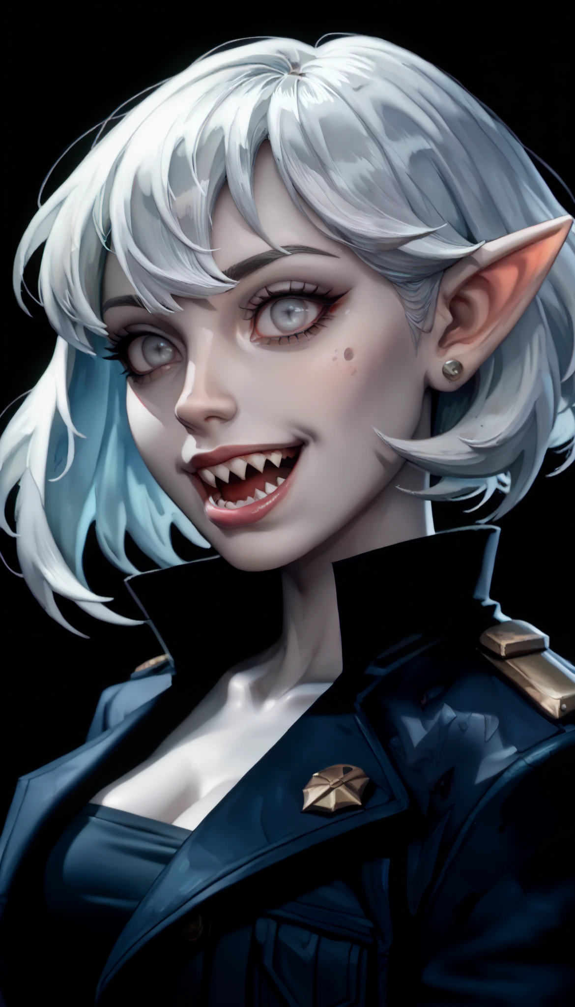 one woman, briar from league of legends, (pale skin, grey skin:1.3), pointy ears, sharp teeth, (pale eyes:1.2), white hair, straight bangs, (upper body:1.3), (black background, clear background:1.5), (black military jacket:1.2), (studio lights, deep shadows:1.3), (joyful face:1.2), (big chest:1.2)