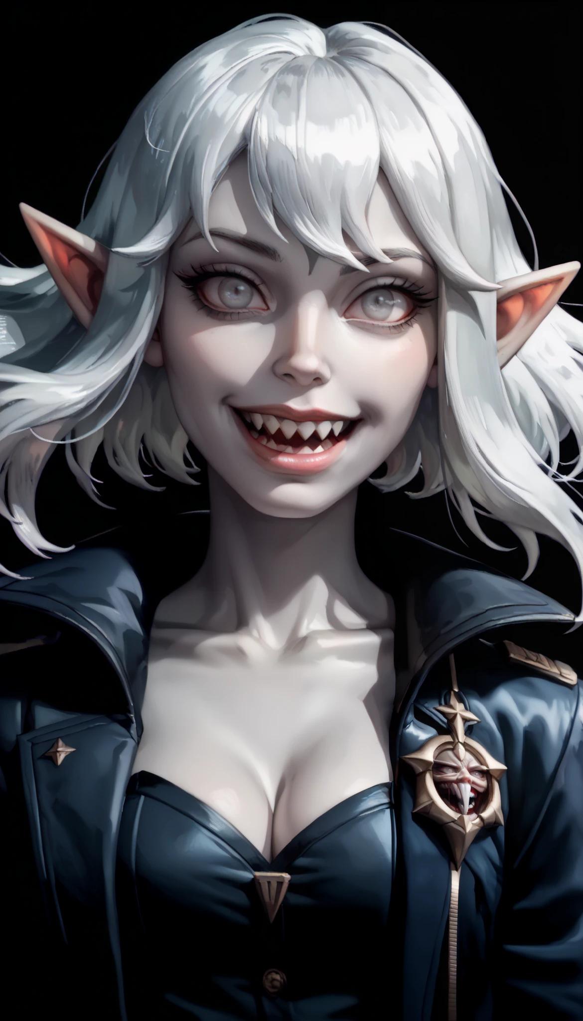 one woman, briar from league of legends, (pale skin, grey skin:1.3), pointy ears, sharp teeth, (pale eyes:1.2), white hair, straight bangs, (upper body:1.3), (black background, clear background:1.5), (black military jacket:1.2), (studio lights, deep shadows:1.3), (joyful face:1.2), (big chest:1.2)