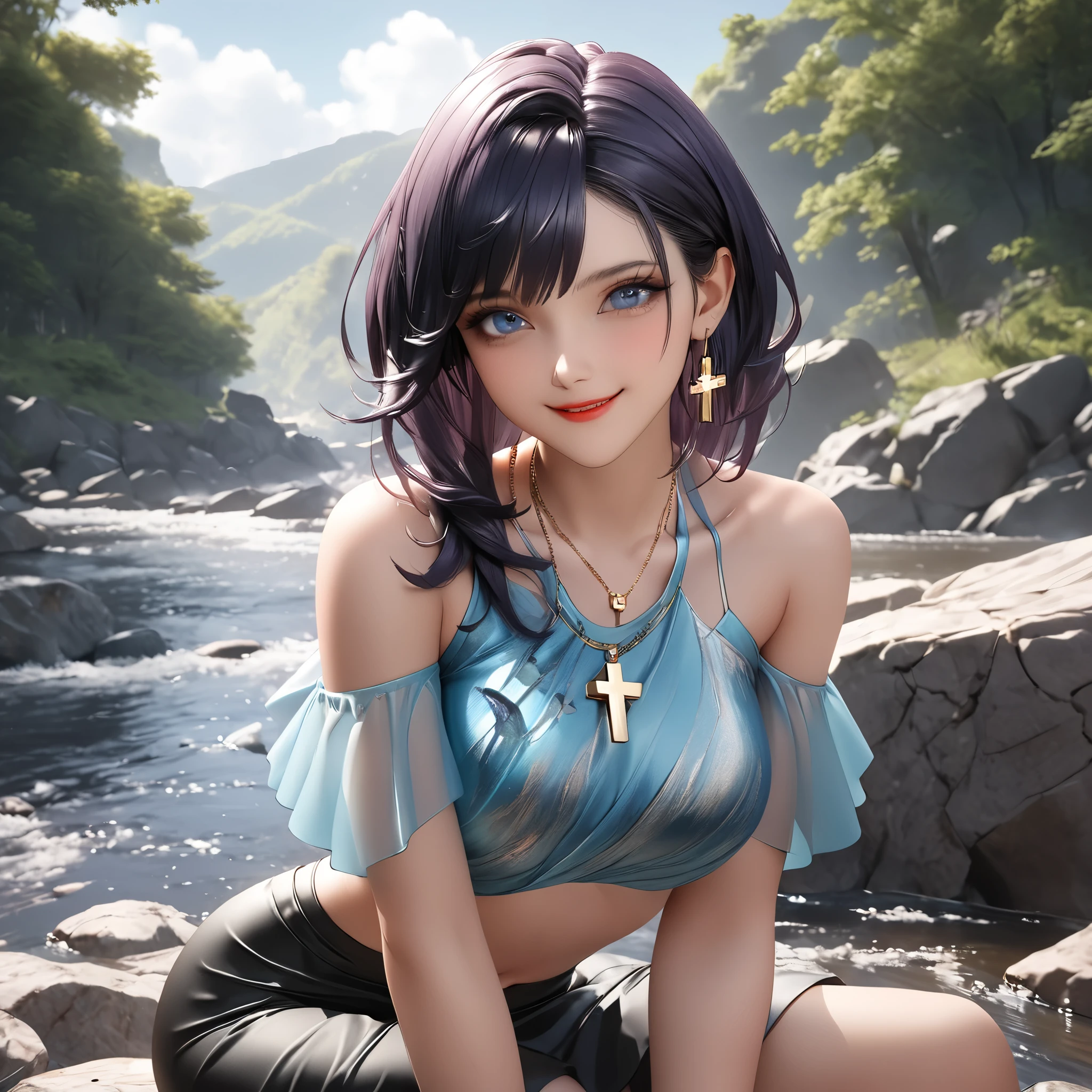 (Masterpiece), 1girl, high quality, best quality, extremely detailed eyes, extremely detailed body, blush, highly detailed, Nico robin, one piece, (Long Straight black hair), blue eyes,  looking at viewer, smile, big breasts, closed mouth, 1girl, upper body, open clothes, eyewear on head, hair slicked back, red sweater, lake background