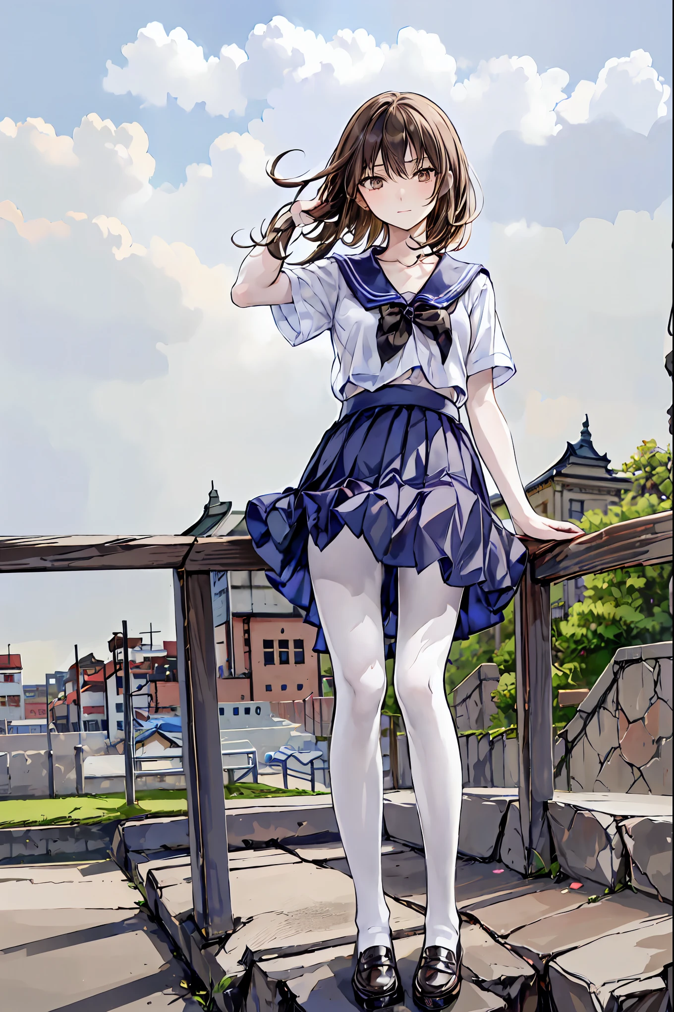 ((masterpiece)), (Anime:1.5), (( top quality)), ( RAW photos:1.2), ( high resolution:1.3), ( professional photoshoot:1.2), (chromatic avalations),  one girl, (()), (Serious), (  beautiful brown eyes:1.3),  Watch Viewers , Plain Shirt, O-ring,   Dishevelle Hair  ,  medium hair, (Stick your hand into your pants ), ((Take off your work pants)), 明るい brown hair, ( small breasts), Cute waist,  outdoor, ((Top of the big bell tower))， brown hair， shortcuts， hair is disheveled， short braided hair，Neat， slender beauty ，Dignified posture， small breasts， Beautiful Legs， Her enchanting gray-blue eyes sparkle like stars.， bright color, beautiful eyes,A delicate smile, Textured Skin, top qualityのものが最高,  gentle and beautiful woman  ,Anime風､