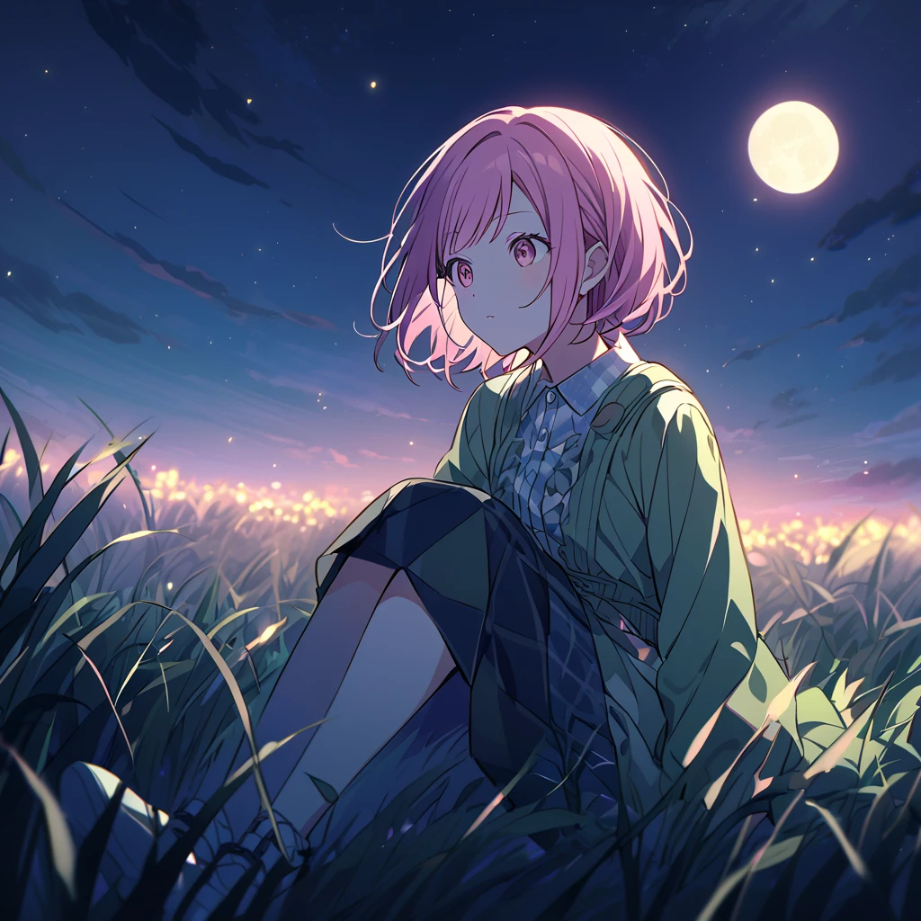 Otori Emu from Project Sekai, staring into the sky, Night time, she is sitting on the grass and watching the moon.