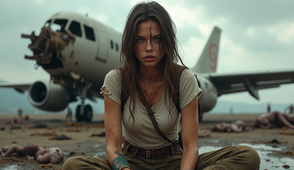 a 16 y.o. trashy girl at abandoned airport, derelict airplane, overgrown nature, ruins, crumbling architecture, atmospheric lighting, cinematic composition, moody tones, realistic, photorealistic, 8k, best quality, highly detailed, masterpiece, cinematic lighting, dramatic shadows, gritty, weathered, dystopian, sci-fi, post-apocalyptic