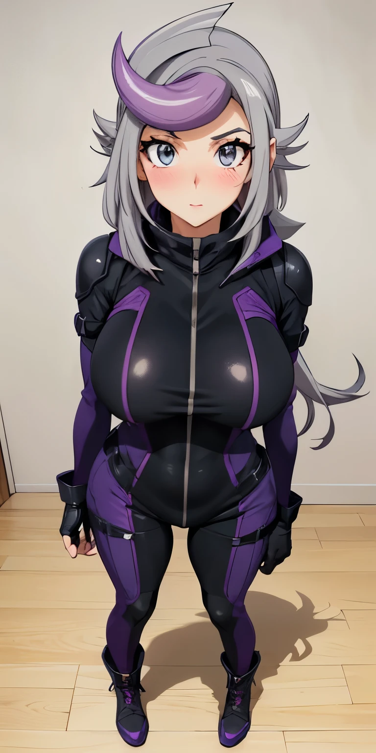 1 Female,High definition,high resolution,Ultra-realistic,8K, 1girl,  (emma_bessho:1.2),  (grey hair:1.2),(  purple hair:1.2),  grey eyes,  low-tied long hair,  (large breasts:1.2),  (wide hips:1.2),  (purple bodysuit:1.2),  (long sleeves:1.2),  pants,  (black gloves,  fingerless gloves:1.2),medium breasts, black boots,European,sexy,Upper body close-up,Photographed from the front,Dynamic Angles,blush, big tits ,(top view),(full body), perfect face,cute face,perfect face,cute face,ultra high definition, detailed face,8k