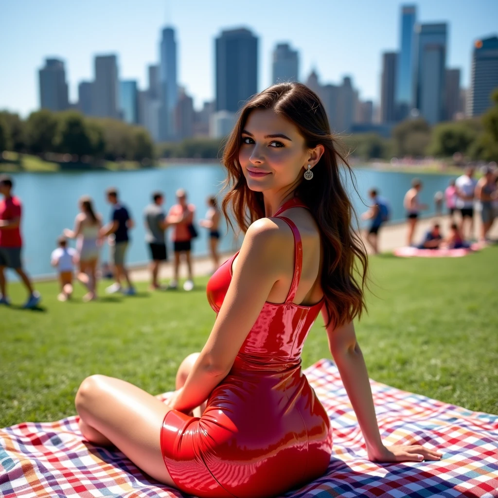 This woman's name is Ailina. Ailina is 18 years old and of Russian origin, living in America. She has wheat-colored skin, brown eyes, and wavy hair. Ailina has prominent jawlines and slightly full lips. She is laughing energetically, showcasing a big gold necklace around her neck. The photo is a full-body shot in warm lighting with dramatic shadows, vibrant colors, photorealistic quality, and extremely detailed 8k resolution. Ailina is dressed in sporty attire, captured mid-jump in a park with a skateboard under her feet and a beautiful sunset in the background.
