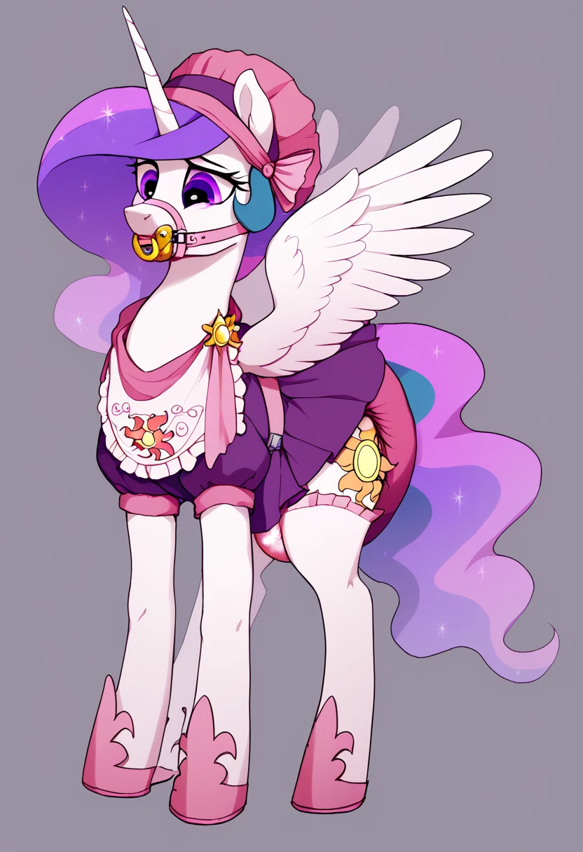 alicorn pony alone , adult mare, Princess Celestia, , the mane is gathered in a dark pink bonnet ,  purple eyes, stands on four hooves ,  wide open back hooves , dressed in an ornate dark pink and golden white ,  black and purple dress with ruffles and ruffles and a short skirt ,  around the neck, a white bib with gold trim on the edges with pink lettering in the middle :  x} “stupid guilty filly” ,  steel collar with a purple tint and a bell with a sad sun tag under the bib,  white stockings and pink booties over hoof socks , large golden pacifier gagged with straps , thick diaper under clothes,  pink plastic panties over a diaper with a chastity belt, solo,  simple background.