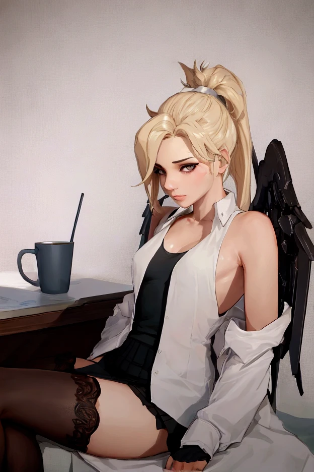 highly detailed face and skin texture, detailed eyes, double eyelids, cleavage, breasts, solo_female, sitting on desk, black thigh highs, skirt, tank top, pony_tail,masterpiece,best quality small breasts, mercy