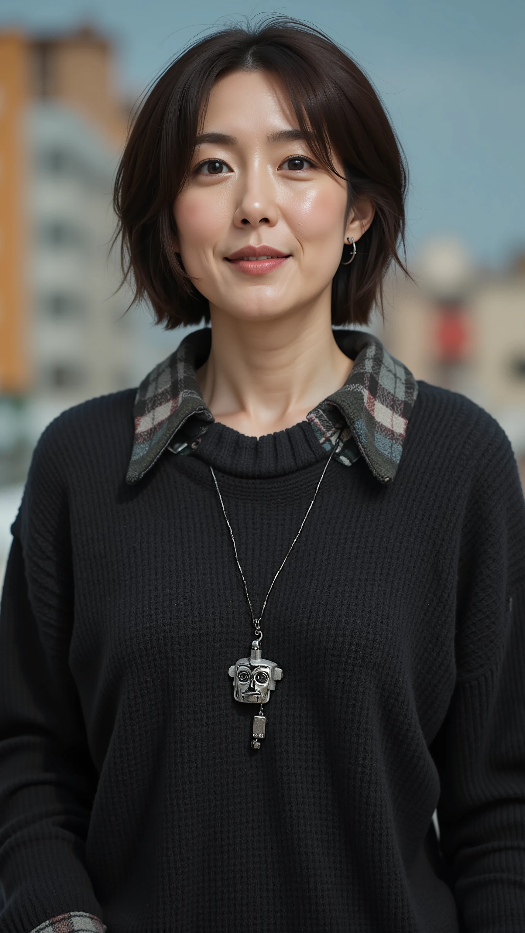 UHD, 16k, Masterpiece, top quality, Surrealism, Korean middle-aged woman,  (( A long-sleeve dark gray sweater, a plaid pattern at the hem, a collar with a plaid overlay on the shoulder at the neckline of the sweater, a silver necklace with a robot pendant, a dark handbag, ))